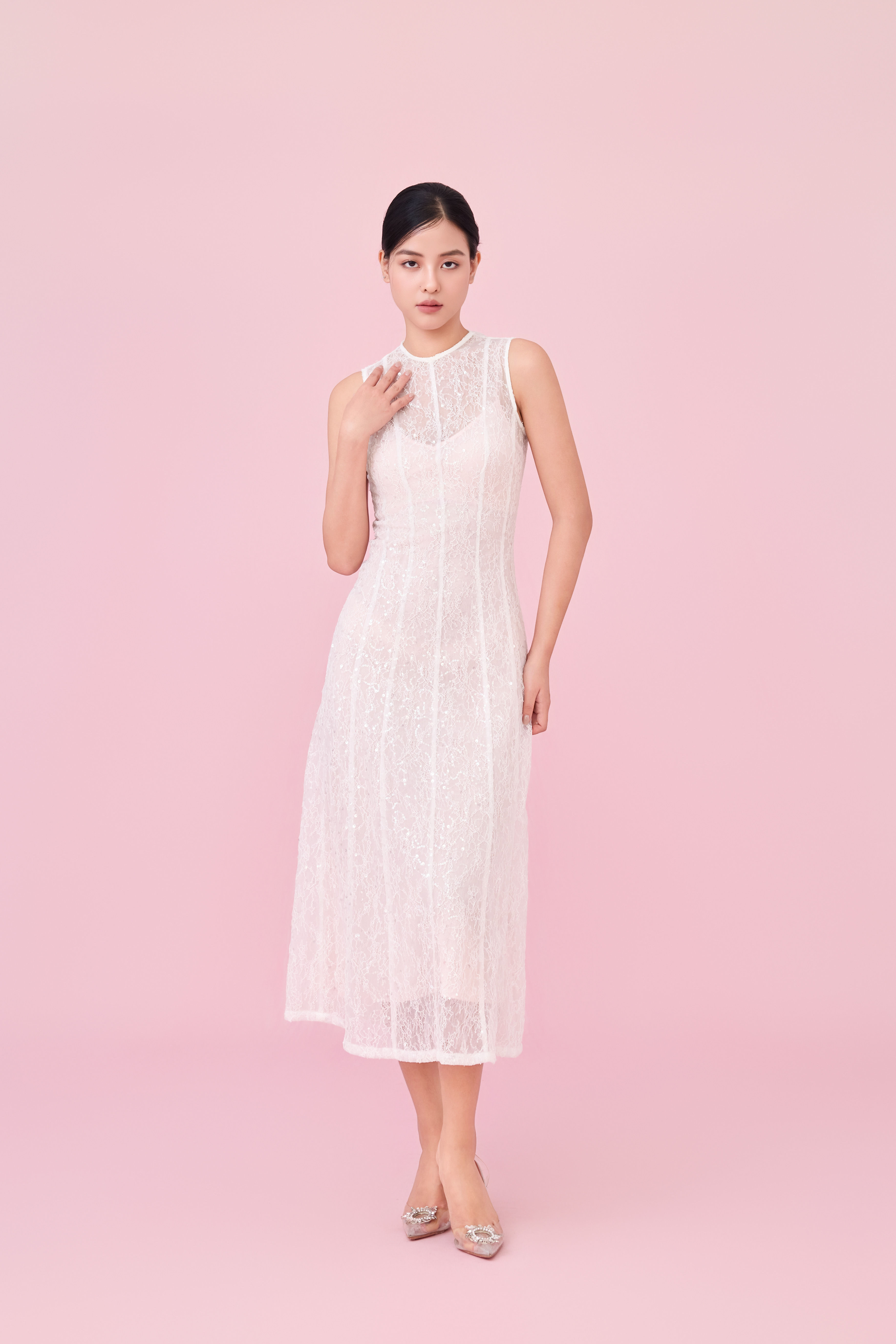 Charilyn White Lace With Sequins Embellishment Dress