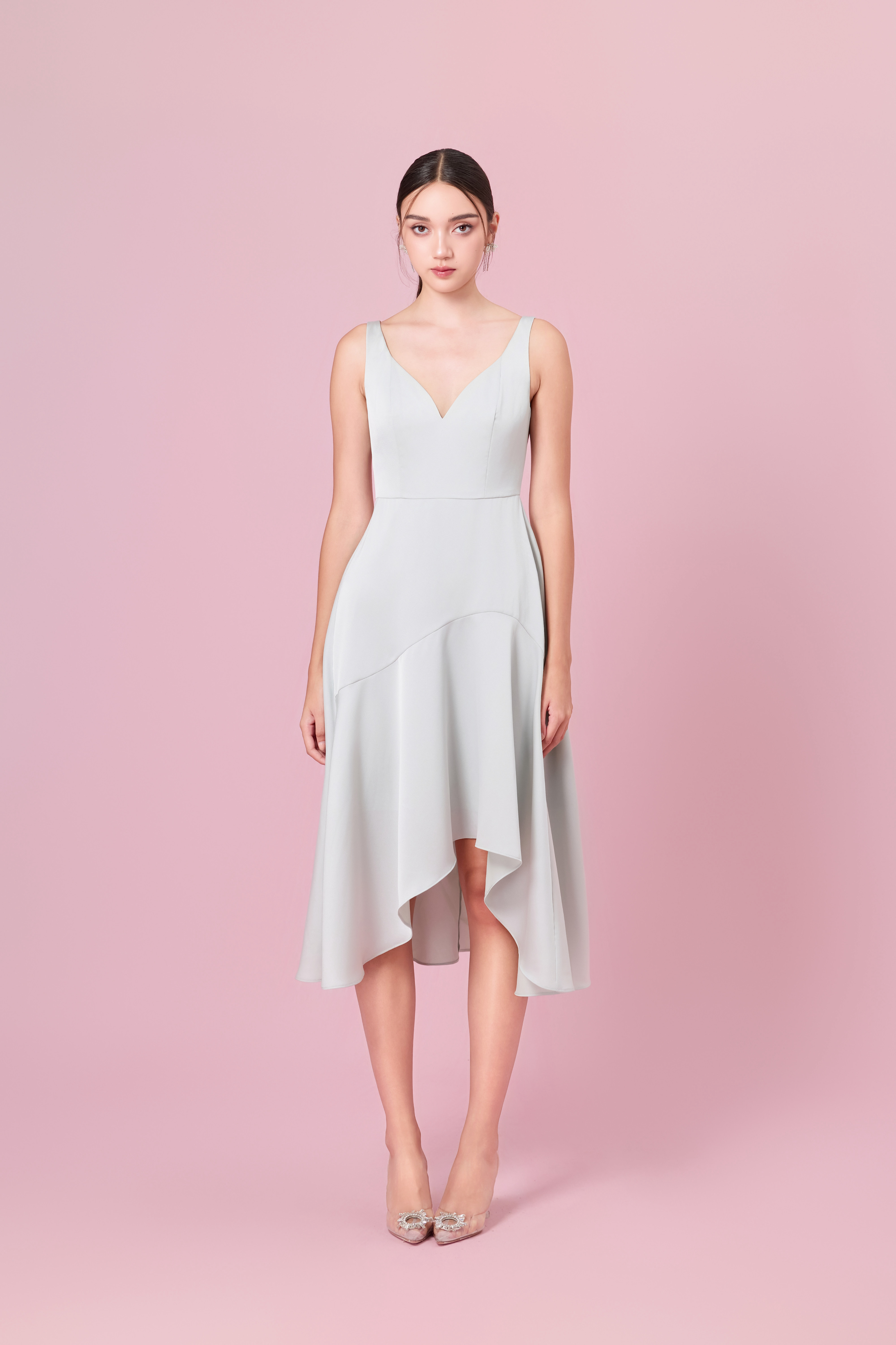 Cherilynne Light Green V-neck Asymmetrical Dress