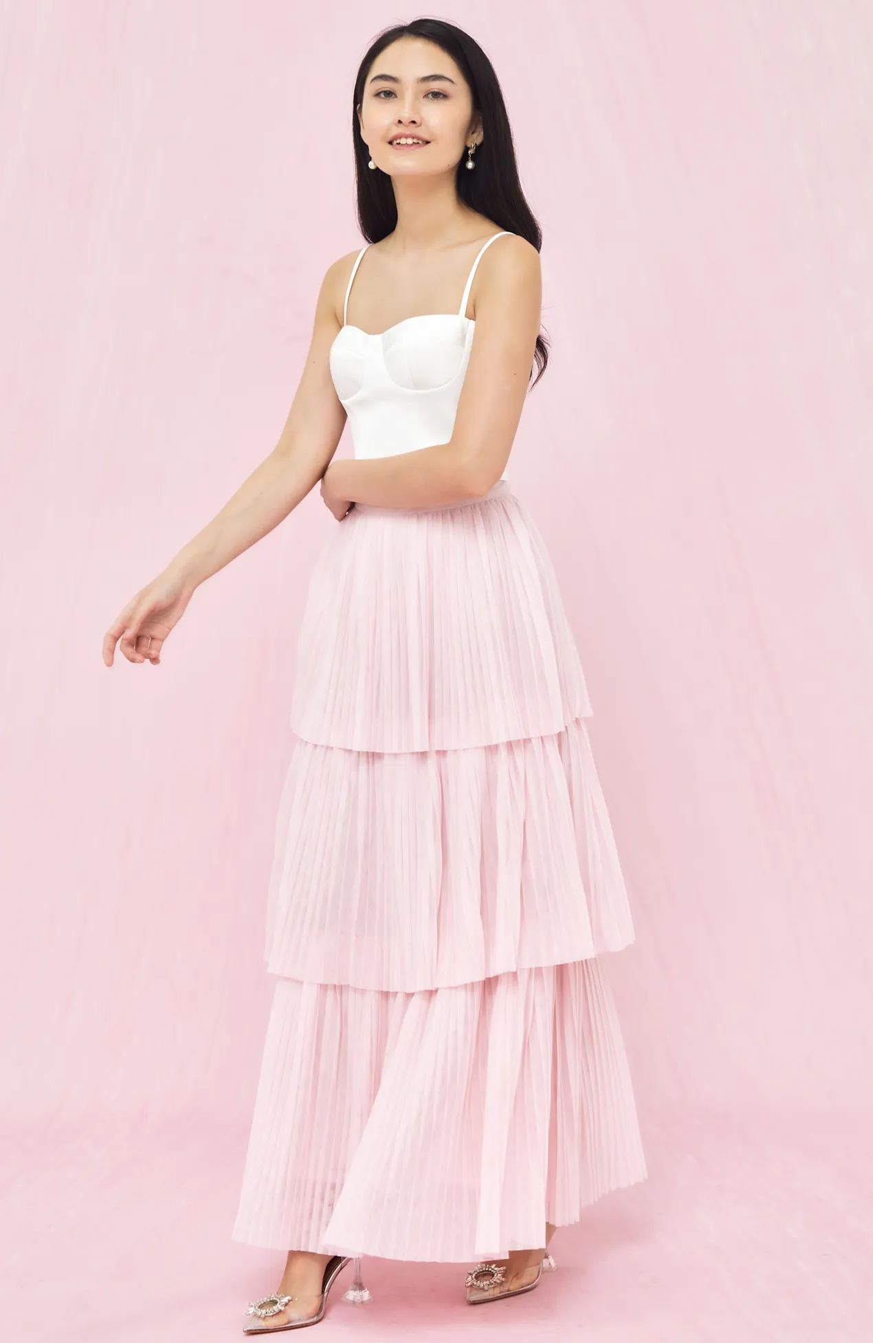 Geniffer Baby Pink Tiered Tulle Long Skirt