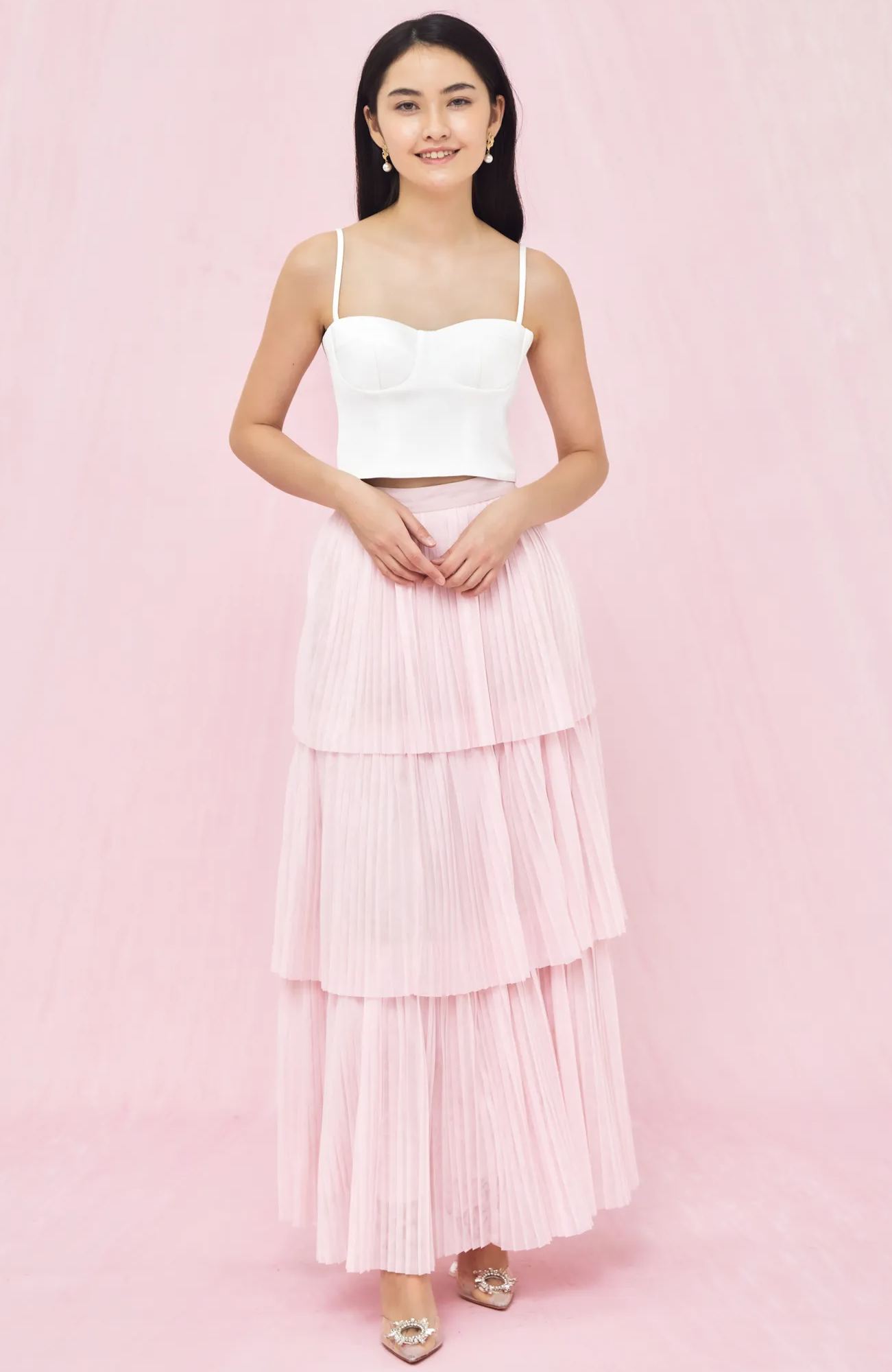 Geniffer Baby Pink Tiered Tulle Long Skirt