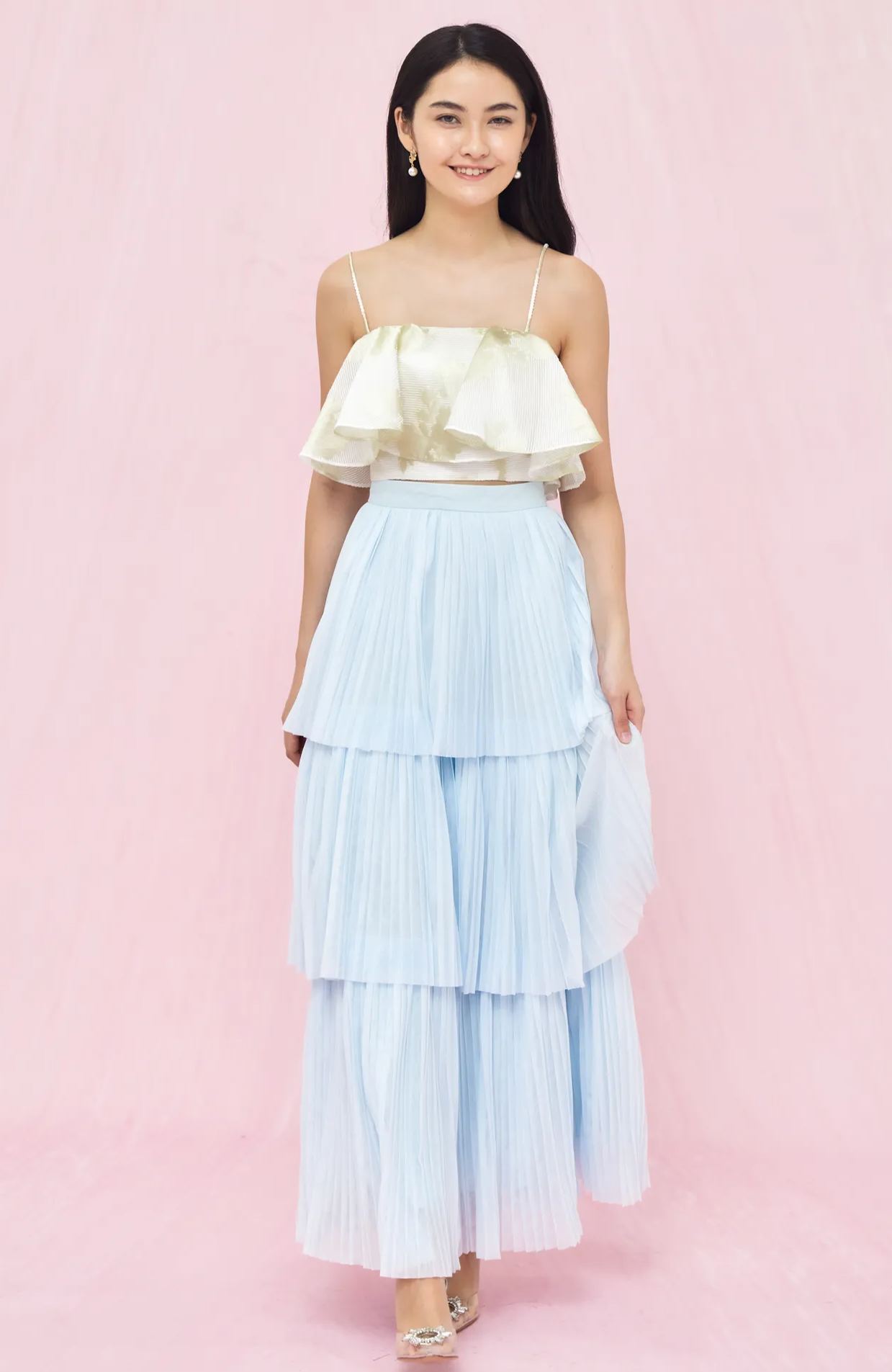 Geniffer Baby Blue Tiered Tulle Long Skirt