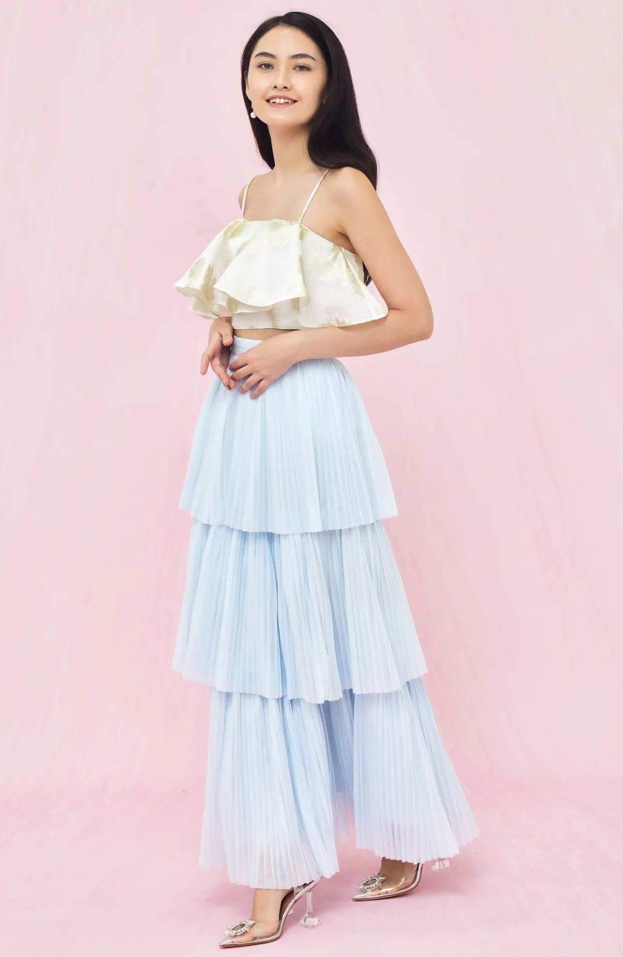 Geniffer Baby Blue Tiered Tulle Long Skirt