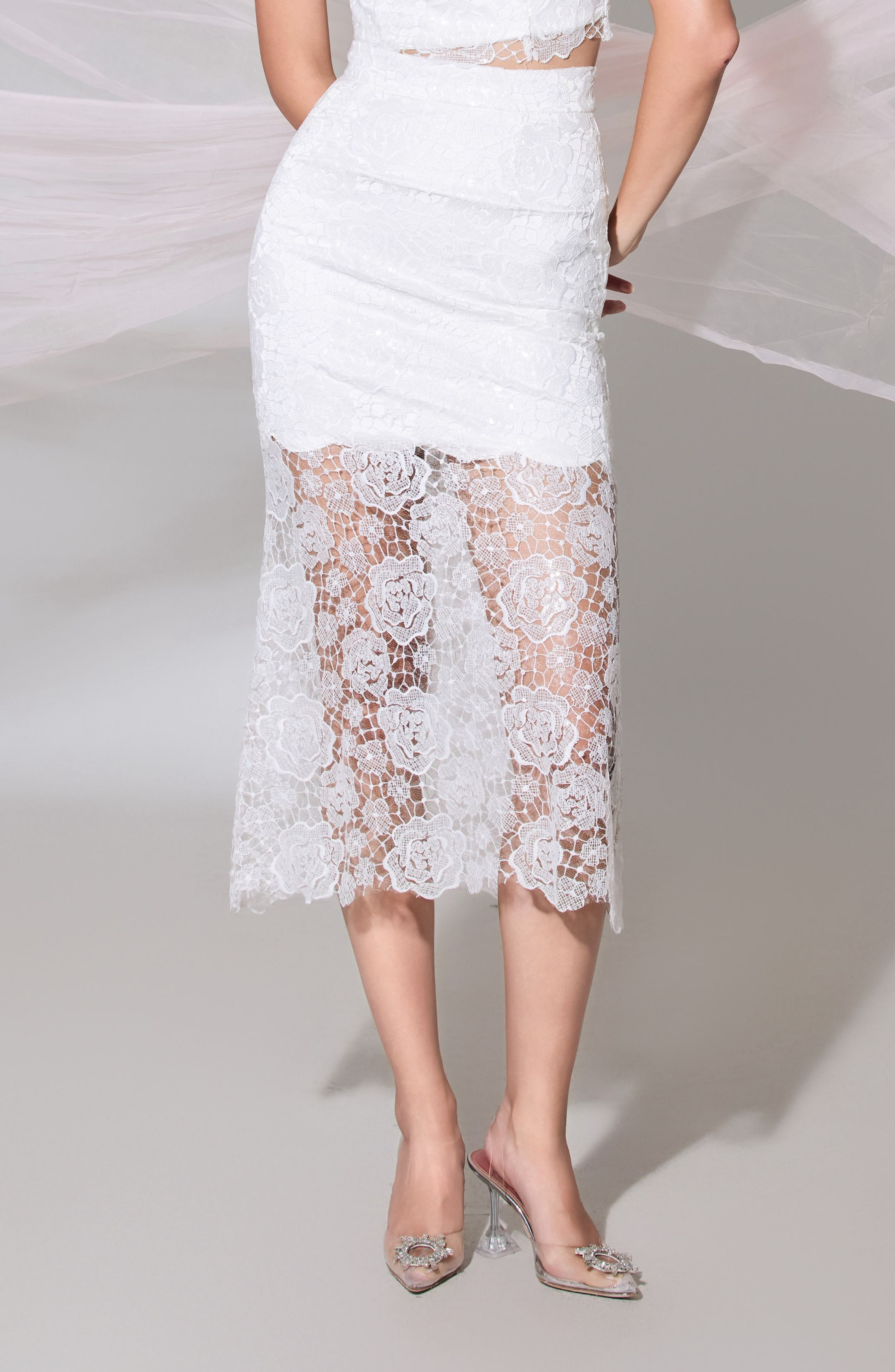 Chanteese White Rose Lace Pencil Skirt