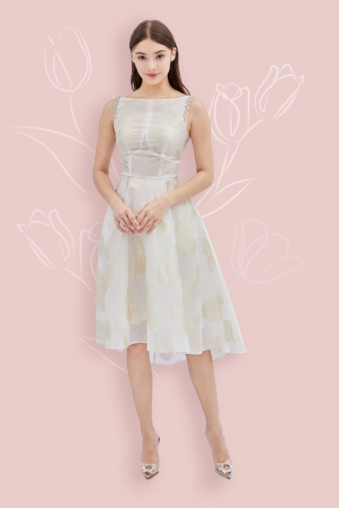 Gloria White Jacquard Dress with Diamond