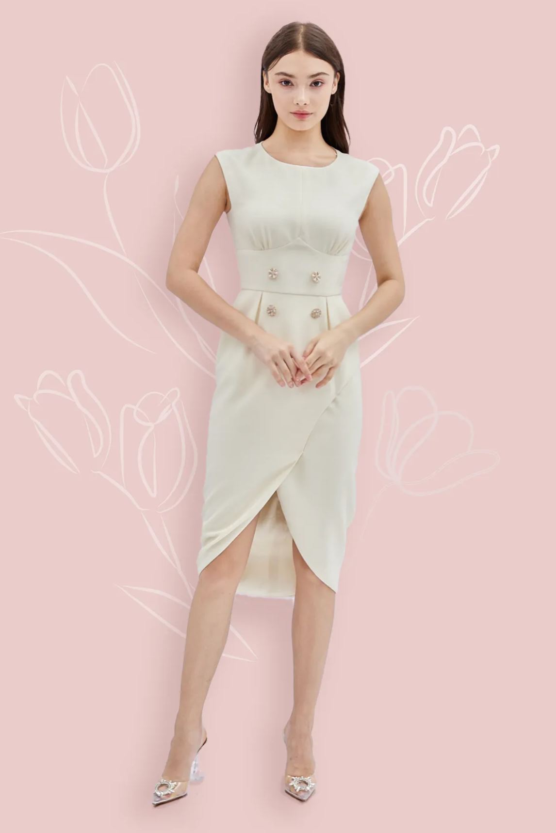 Amara Blouson Buttoned Cream Tweed Dress