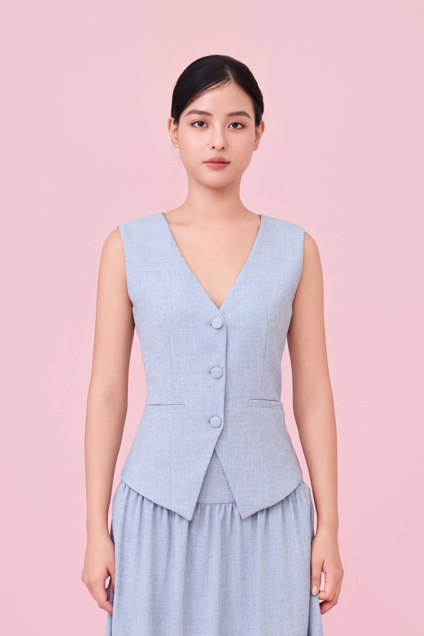 Cheerish Light Blue Button Down V-Neck Top