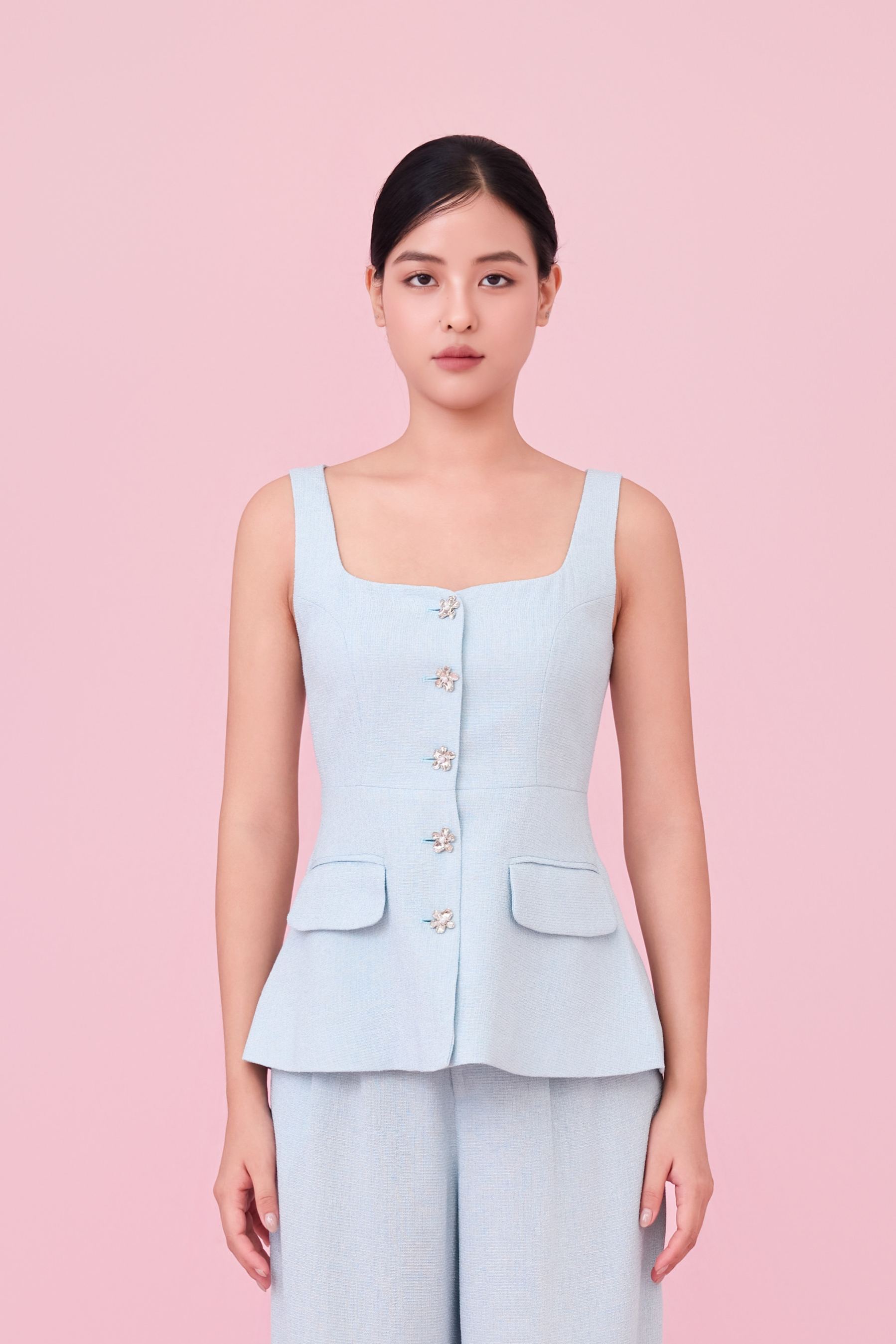 Cherilyn Light Blue Tweed Sleeveless Top