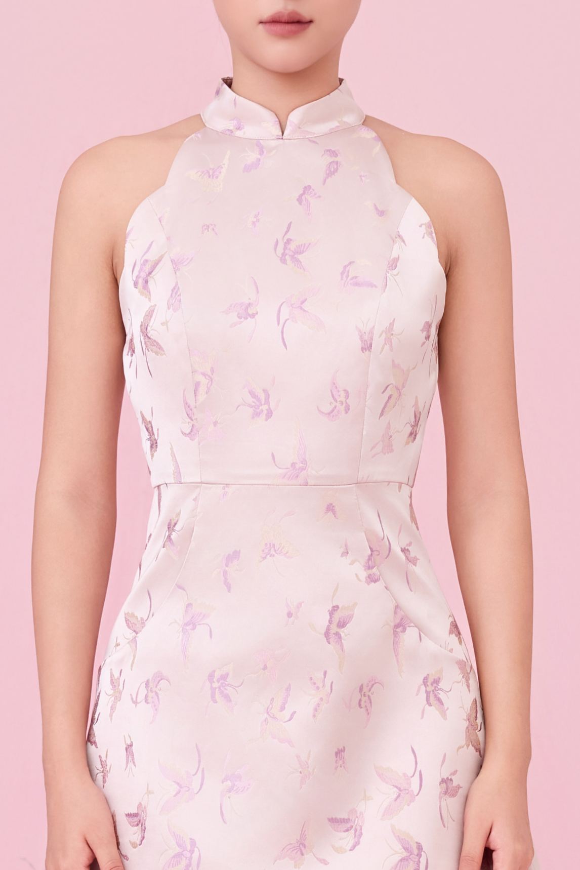 Caron Dusty Pink Jacquard With Woven Butterfly Halter Dress