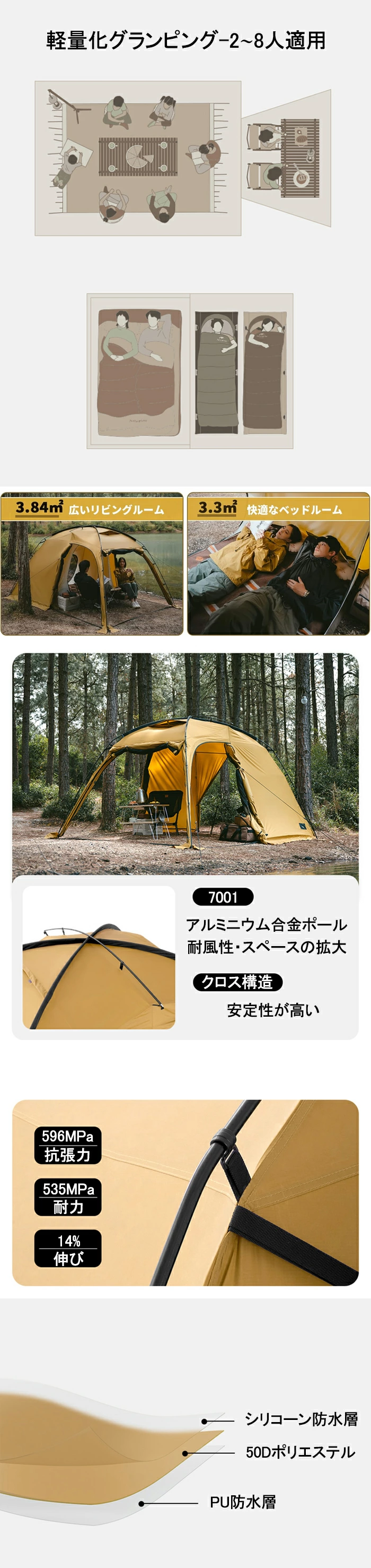 Naturehike Dune7.6ドームテント ツールーム 自立式 二重層 設営簡単 高さ180cm 2ルーム 前室 1～3人用 スカート付き