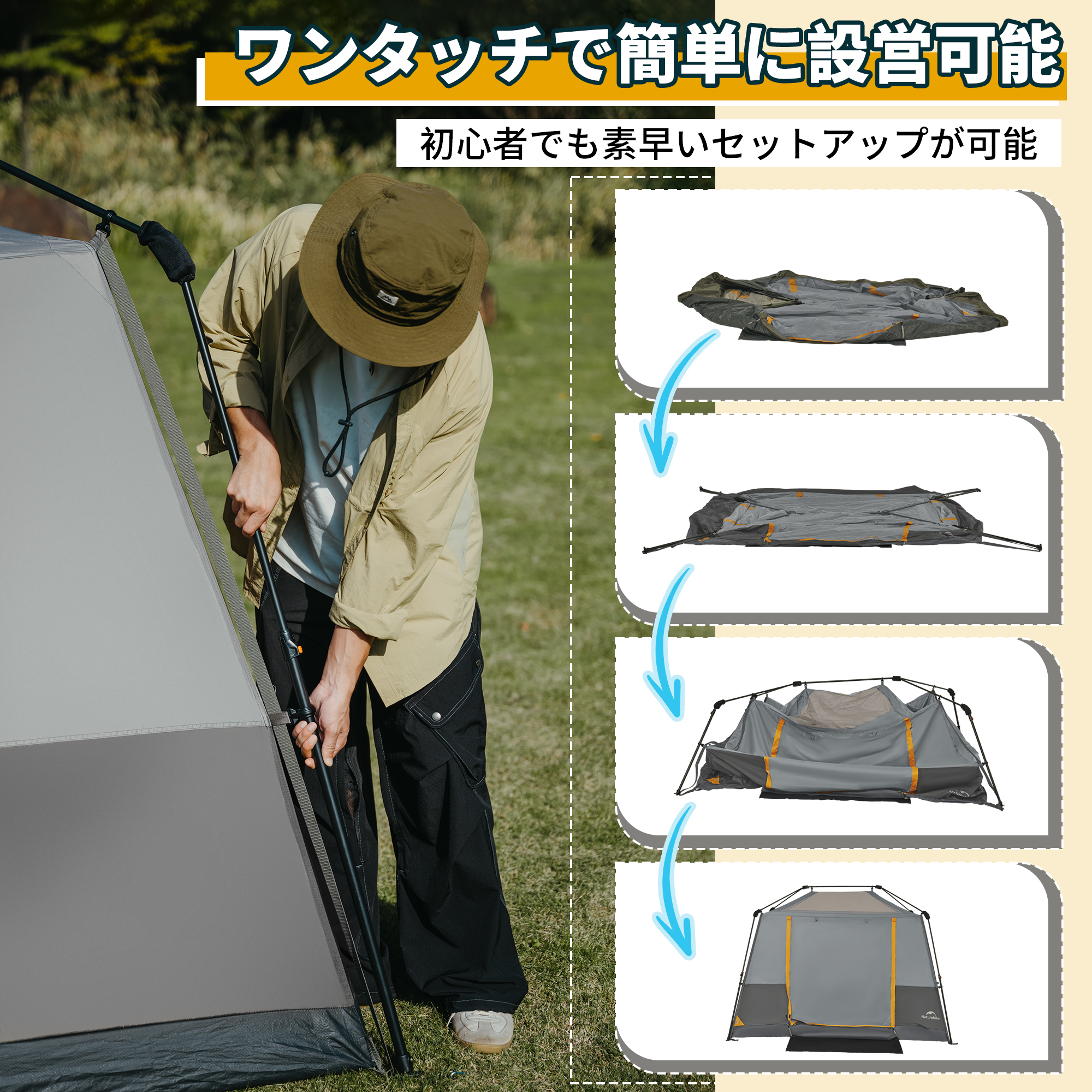Naturehike Cape5.2 ワンタッチ テント 大型 2～4人用 ‎ロッジ型 パークテント キャンプ 設営簡単 uvカット 自立式 2重層 耐水圧PU2000 初心者向け
