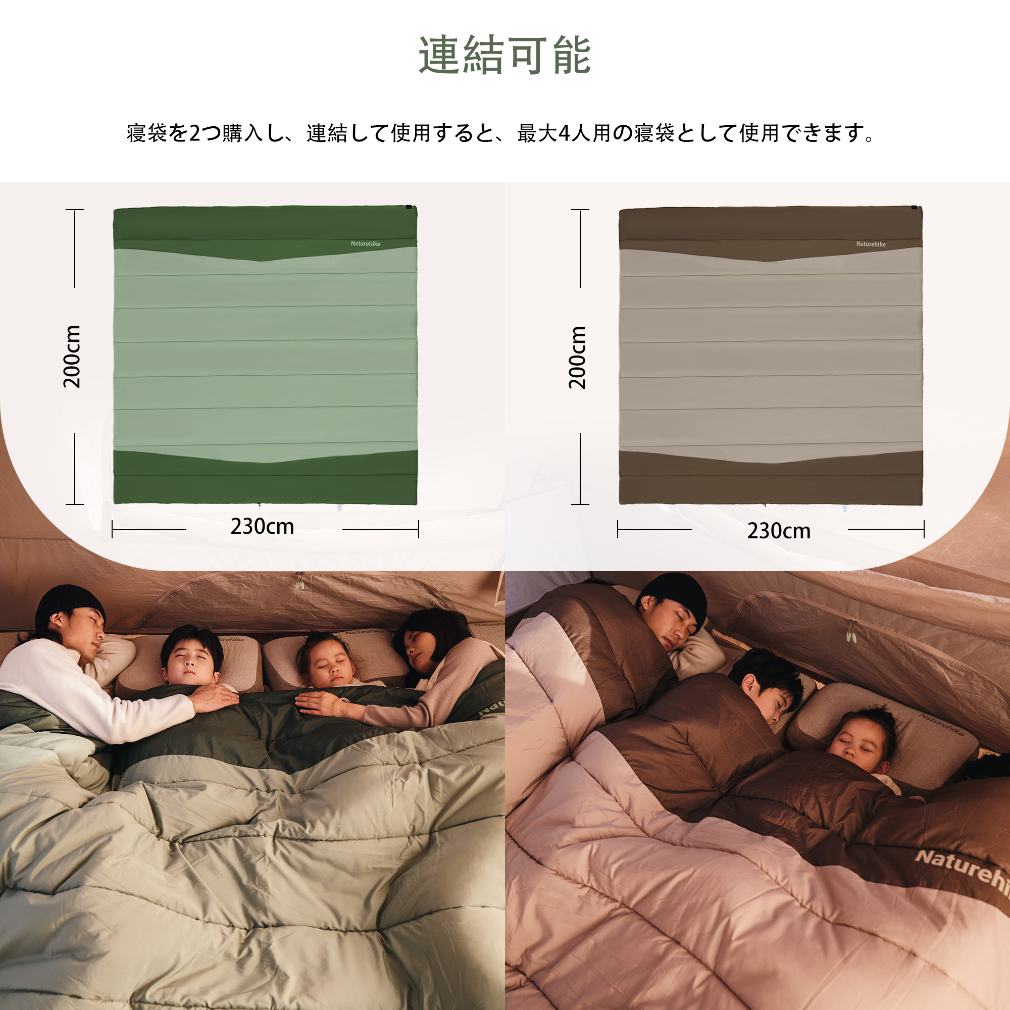 Naturehike シュラフ 寝袋 1～4人用 封筒型 家族用 寝袋 連結可能 -12℃～7℃ 丸洗い 200x115cm 幅広 ワイド