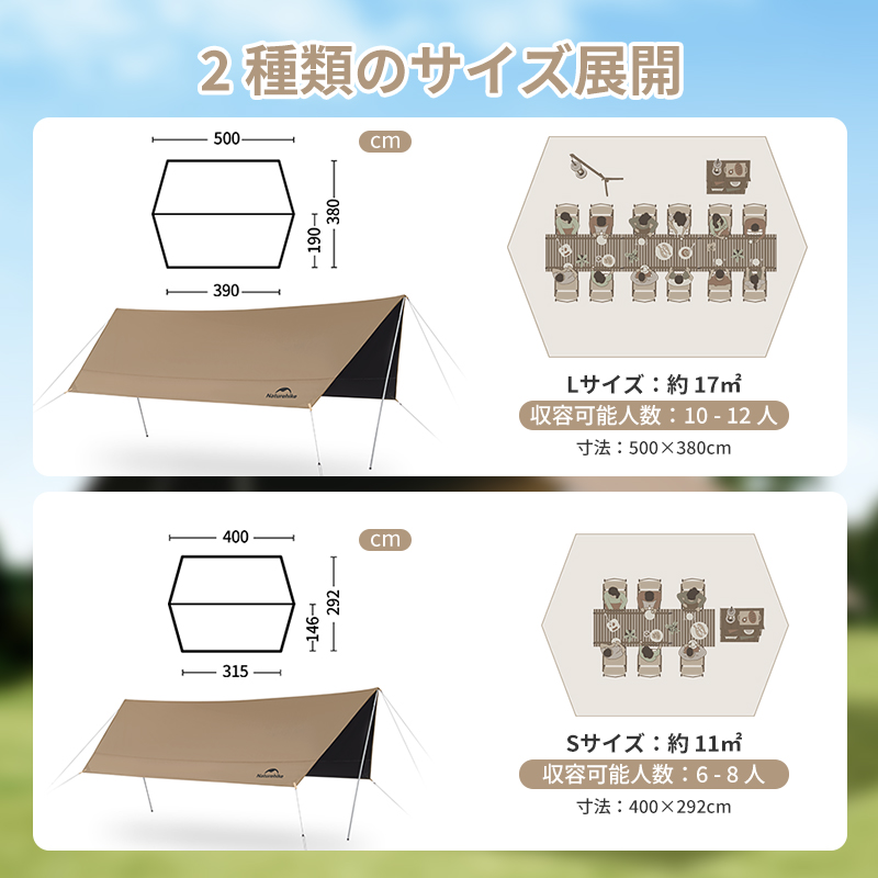 【新作予約販売】Naturehike CloudSkies Lite タープ ブラックコーティング 防水  日除けシェード 内外温度差15℃ 日除け 12~18人用 UVカット ポール付き