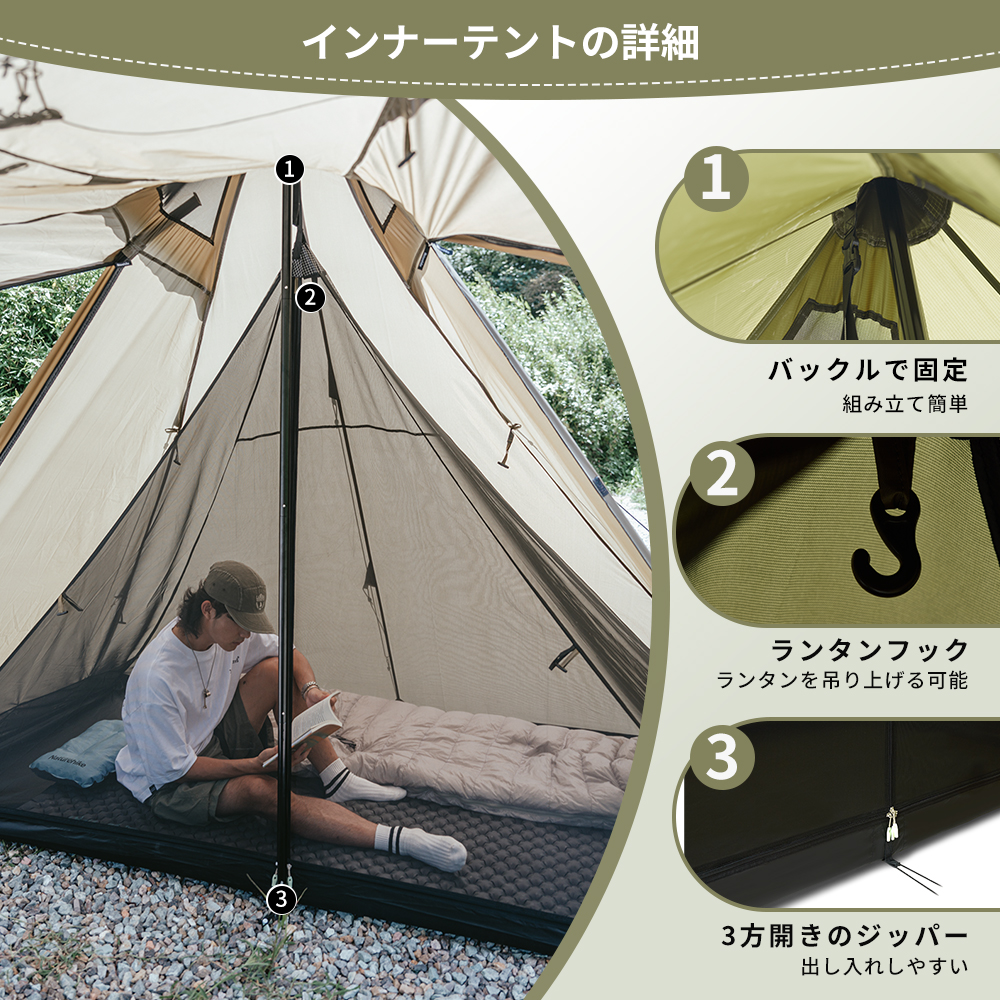 【新色展開】Naturehike Campfire ワンポールテント 高さ2.1m パップテント 焚き火可 難燃 煙突穴付き スカート ソロ 軽量 1~2人用 耐水圧 PU3000