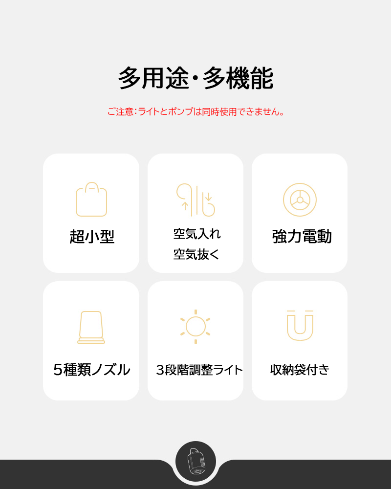 Naturehike Wind Mini エアーポンプ 電動 携帯式 LEDライト付き 5種のノズル USB充電式 軽量 空気入れ 空気抜く