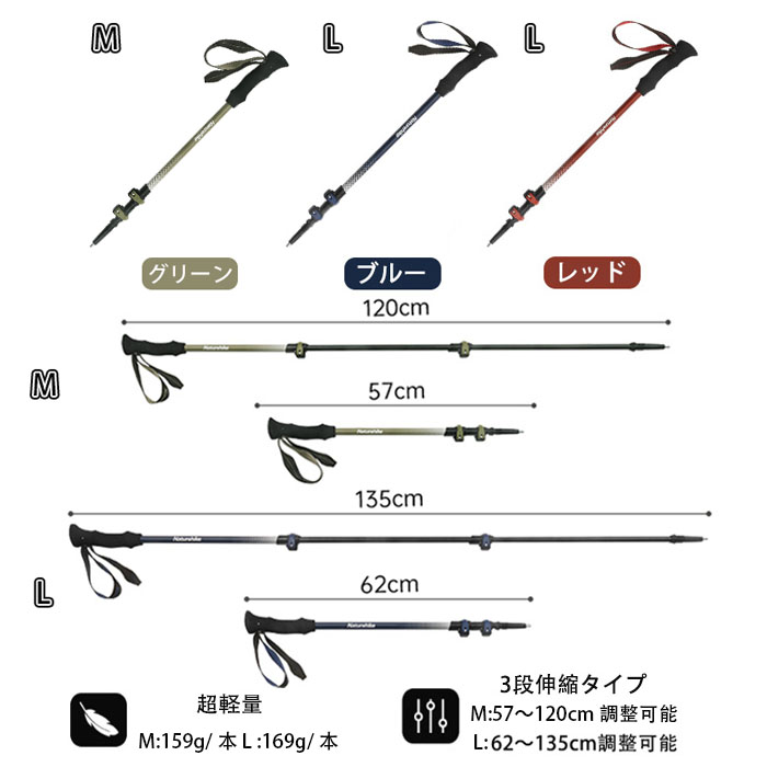 Naturehike トレッキングポール カーボン製 169g 2本セット 登山用ストック 62～135cm調整可能 超軽量 男女兼用