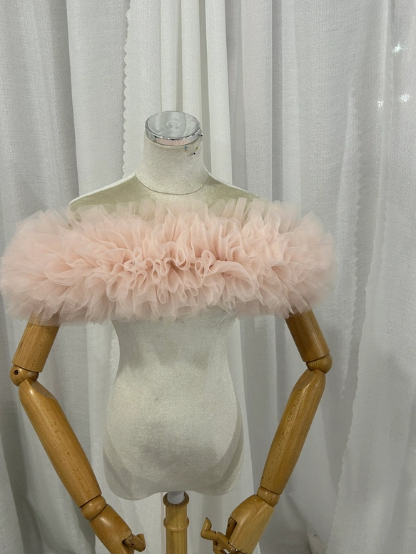 実例写真！取り外しオフショルダーのみ ピンク ソフトチュール 編み上げ 花嫁/カラードレス