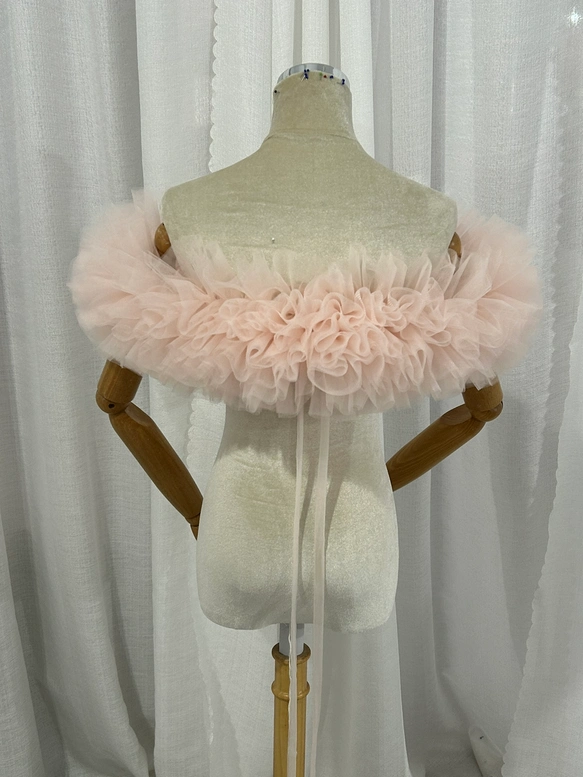 実例写真！取り外しオフショルダーのみ ピンク ソフトチュール 編み上げ 花嫁/カラードレス