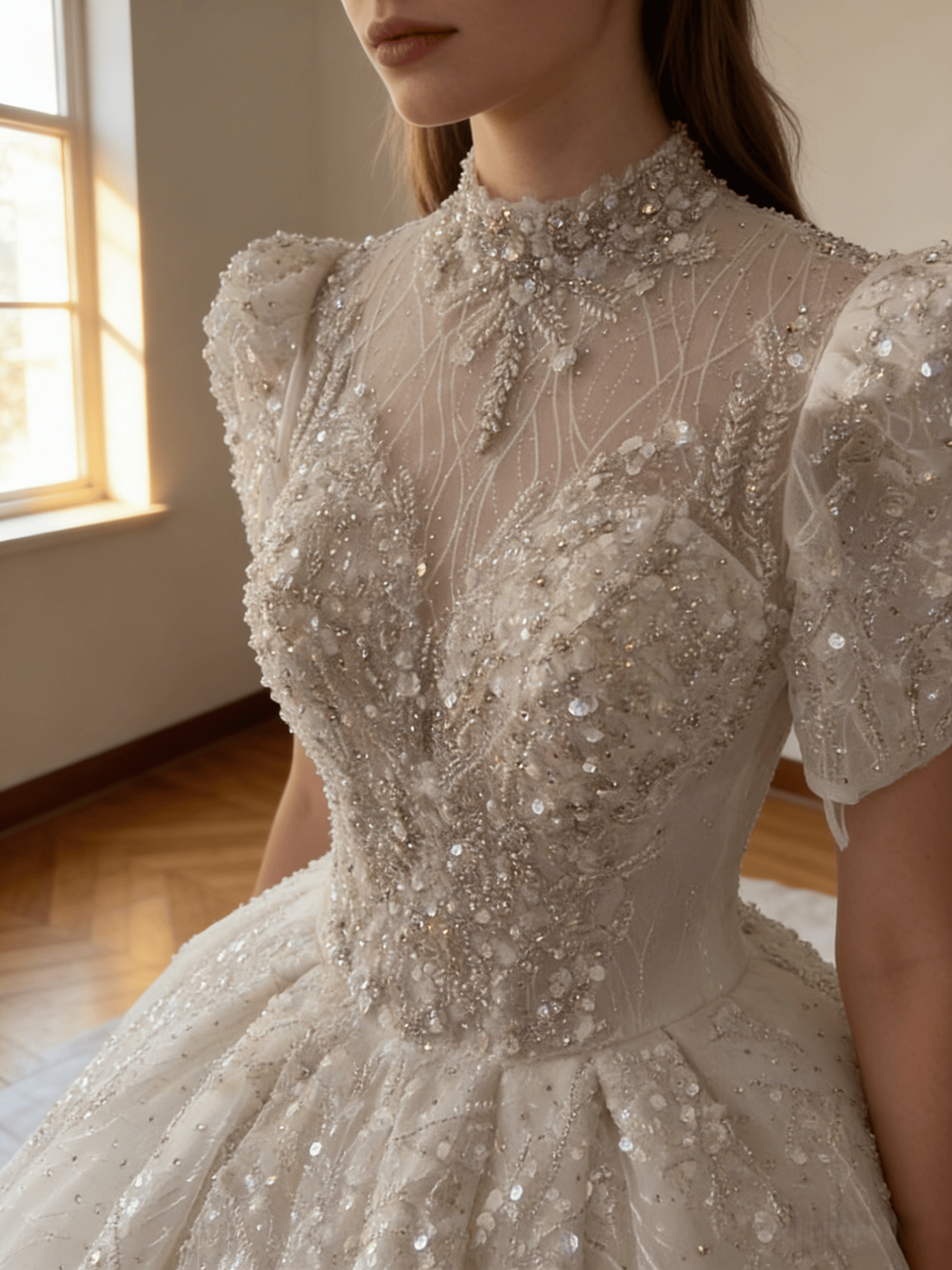 豪華！ウェディングドレス 韓国風ドレス 短袖 キラキラ光る刺繍 背中見せ 華やかなトレーン ボリュームドレス 結婚式