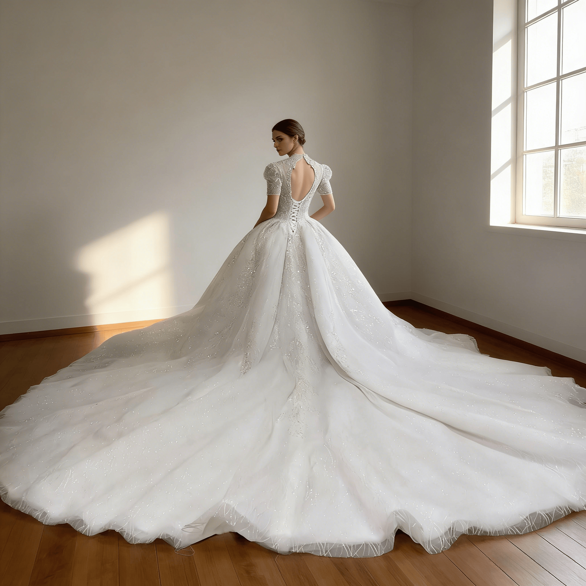 豪華！ウェディングドレス 韓国風ドレス 短袖 キラキラ光る刺繍 背中見せ 華やかなトレーン ボリュームドレス 結婚式