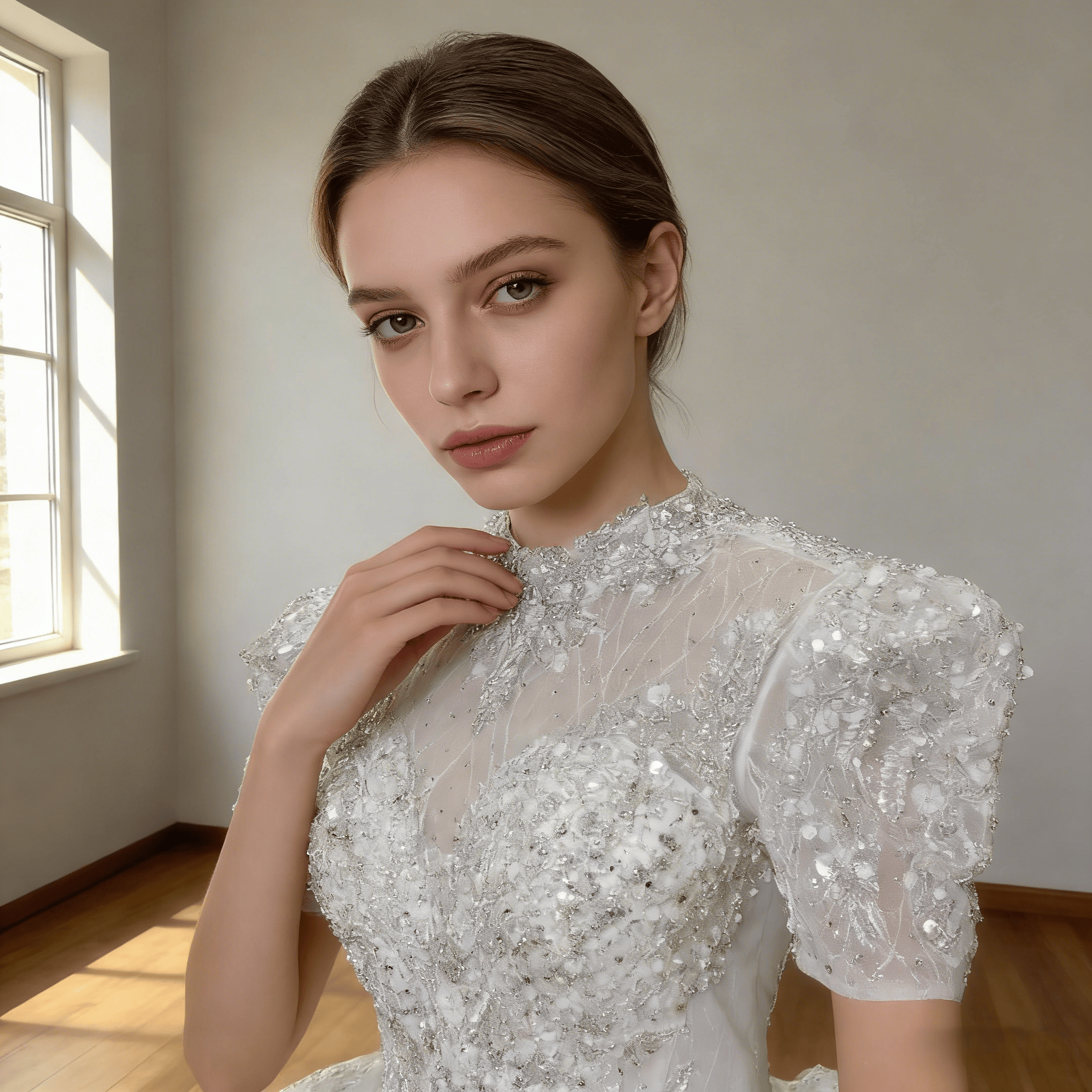 豪華！ウェディングドレス 韓国風ドレス 短袖 キラキラ光る刺繍 背中見せ 華やかなトレーン ボリュームドレス 結婚式