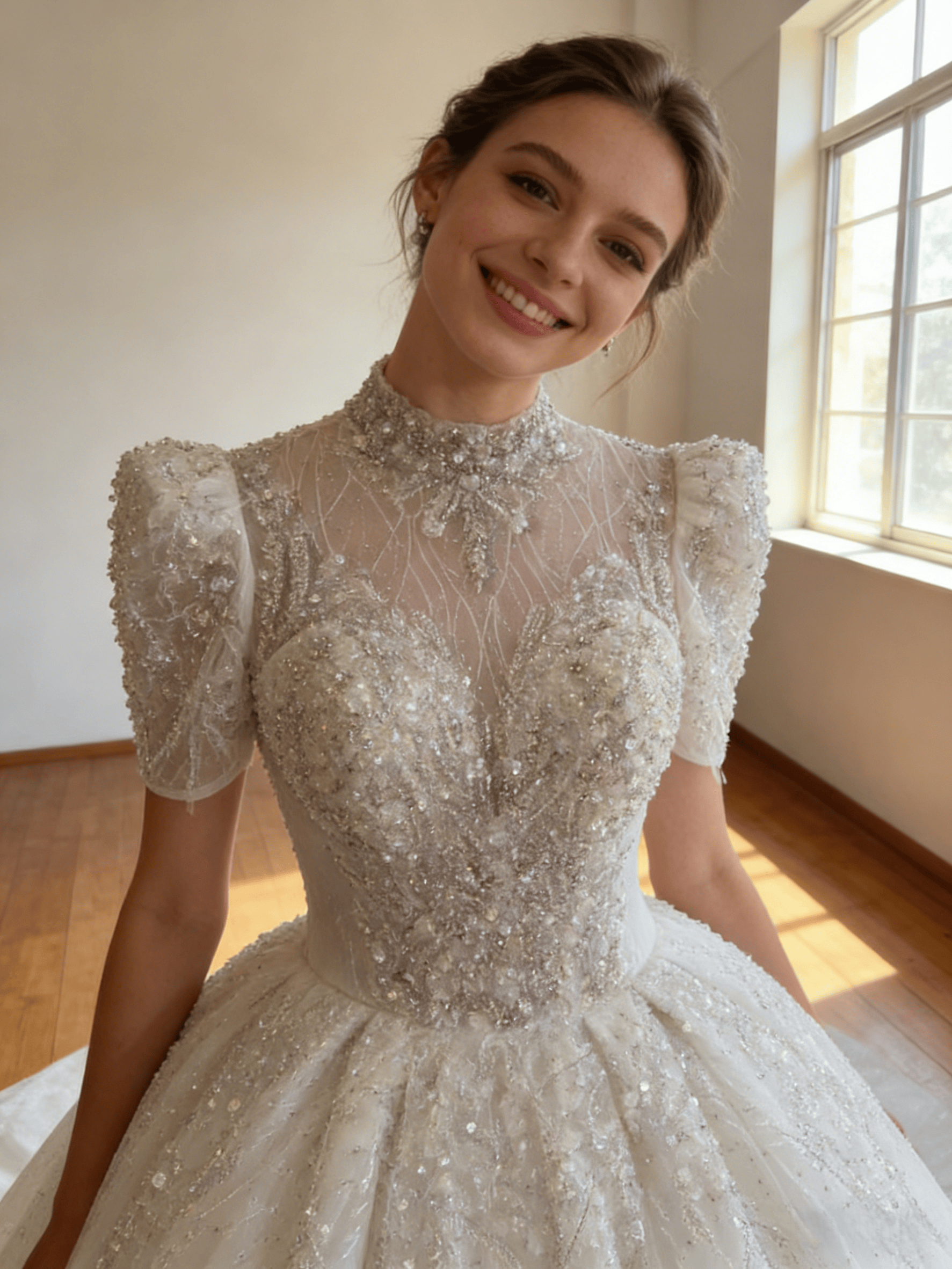 豪華！ウェディングドレス 韓国風ドレス 短袖 キラキラ光る刺繍 背中見せ ミニトレーン 結婚式