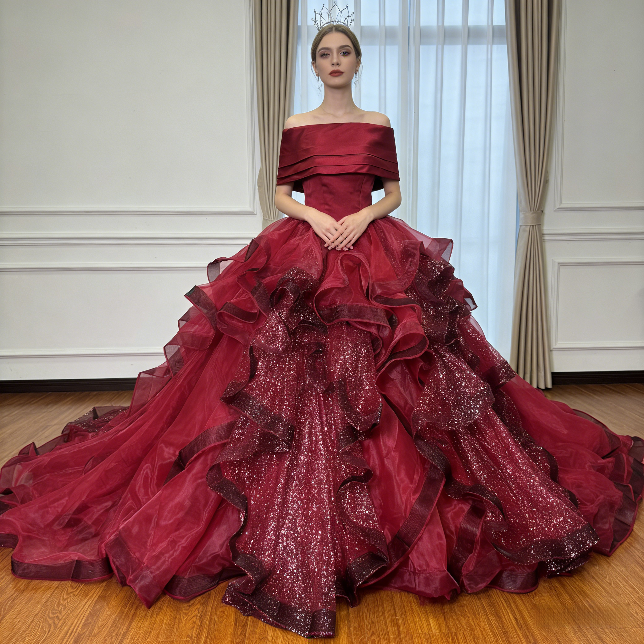 豪華！カラードレス ワインレッド オフショルダー キラキラチュール プリンセスライン ラッフルフリル 前撮り