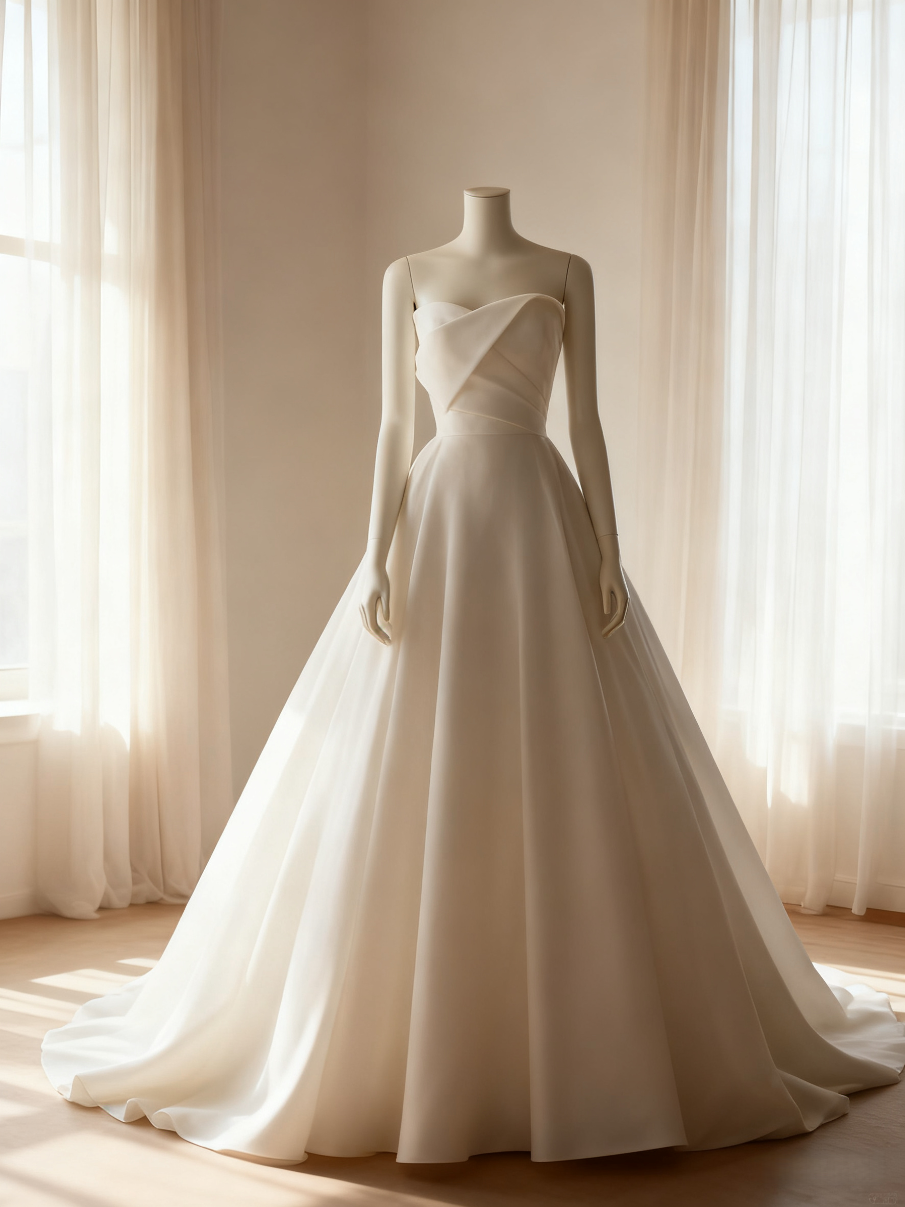 ウエディングドレス ベアトップ  Aライン ミカドサテン ハンドドレープ エレガント 結婚式/披露宴