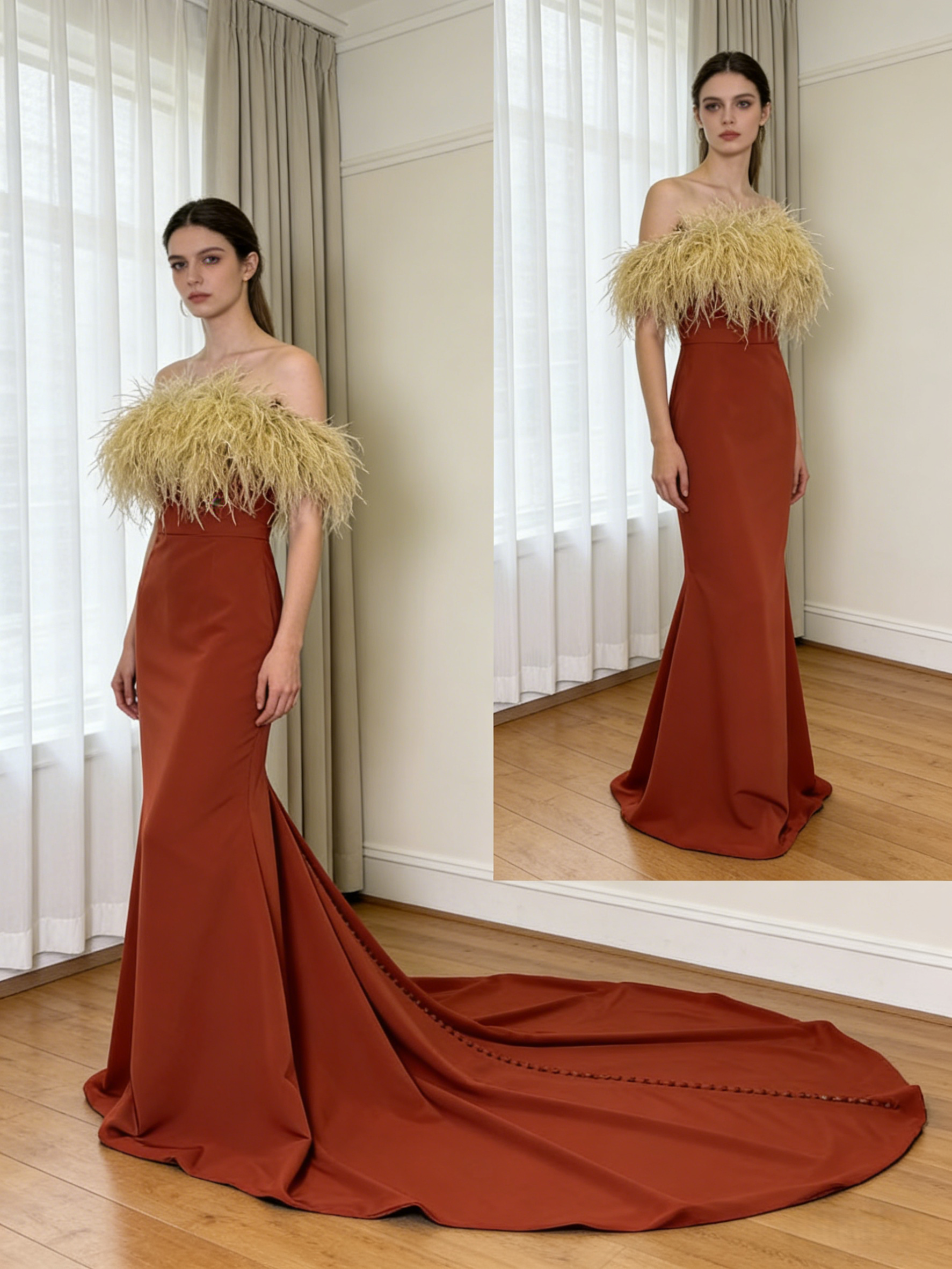 カラードレス テラコッタ色 ベアトップ オーストリッチ くるみボタン 細見えシルエット 前撮り