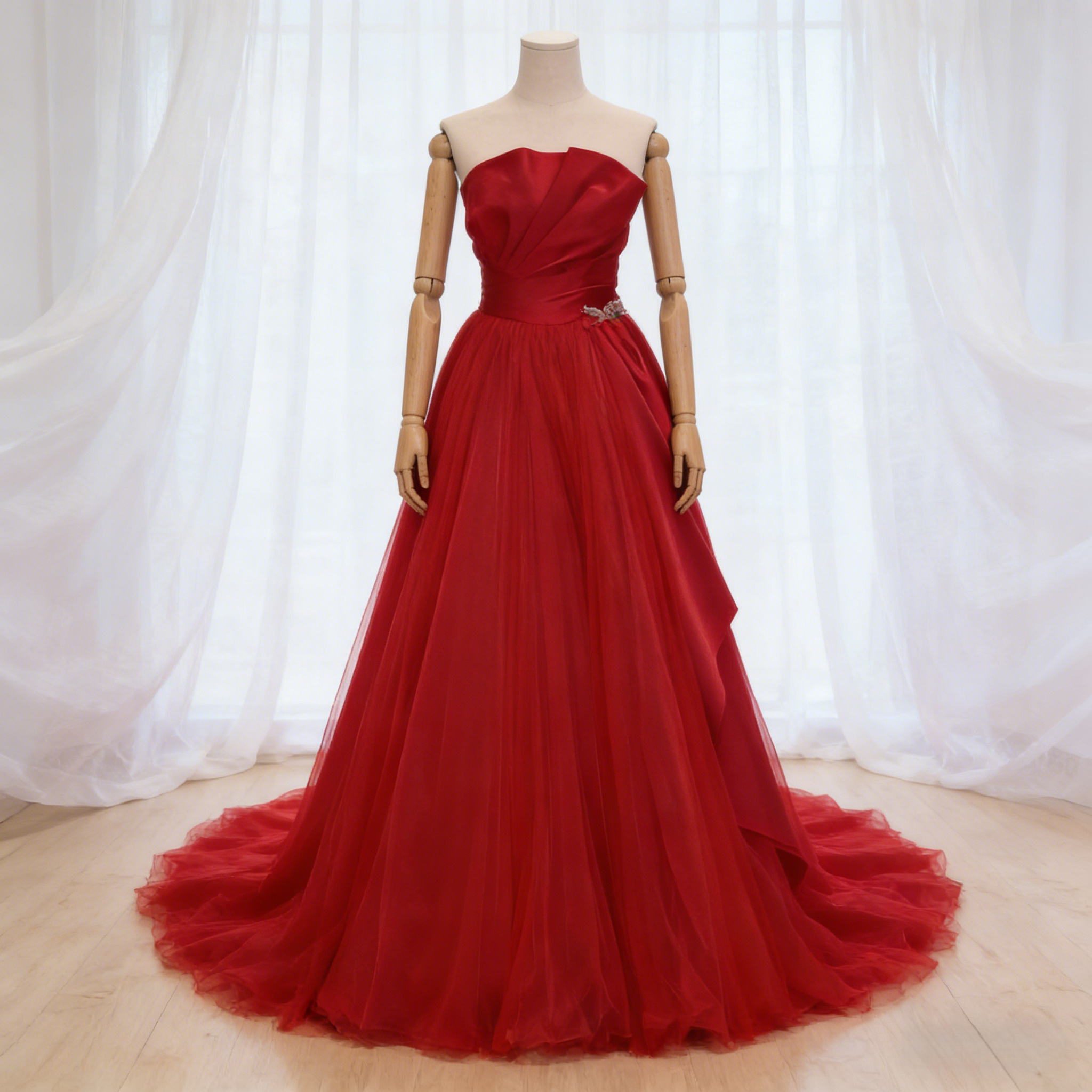 カラードレス ベアトップ チェリーピンク ラッフルフリル チュールスカート 大人っぽい 謝恩会