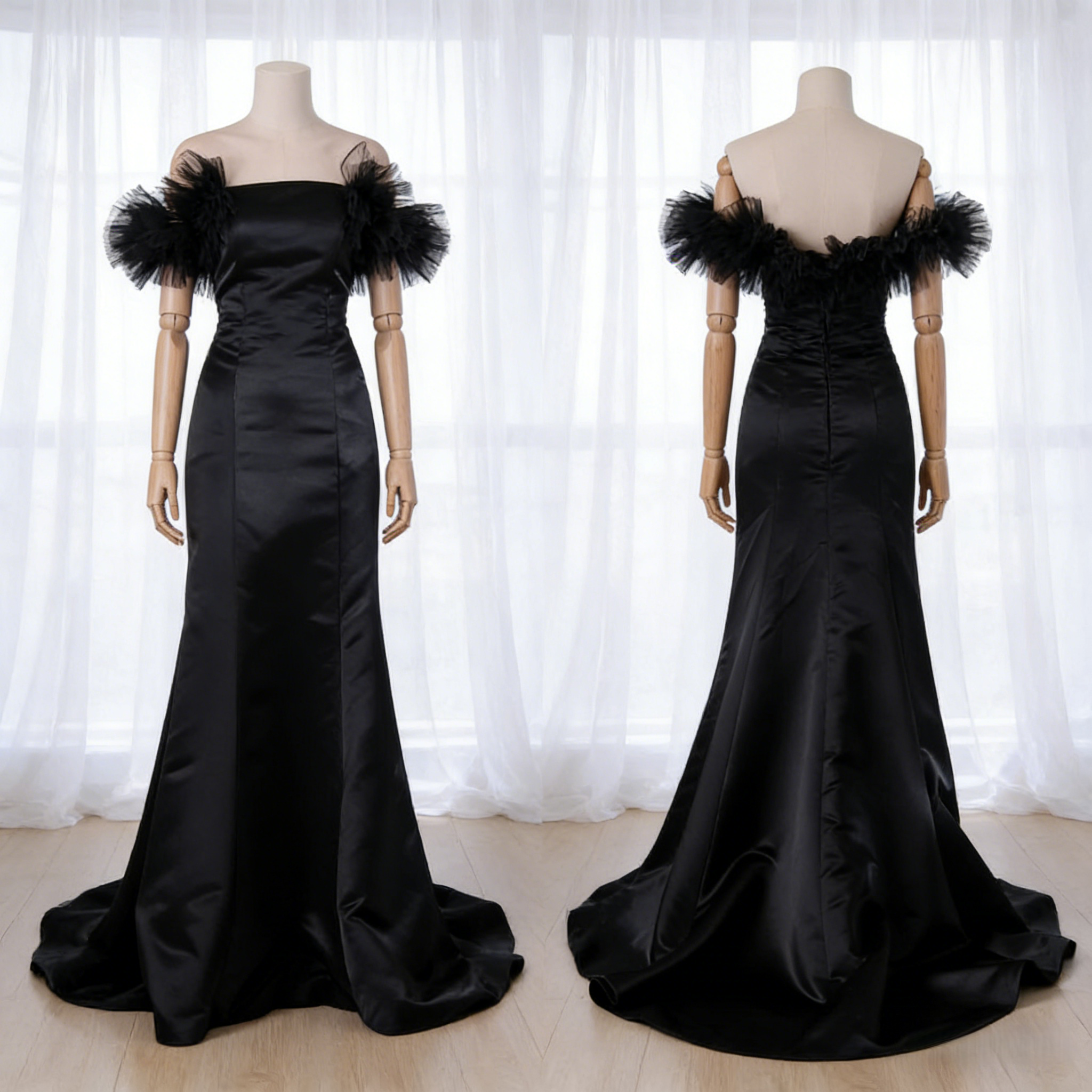 パーティードレス ブラック フリル袖 マーメイドライン 光沢サテン クラシカル 披露宴