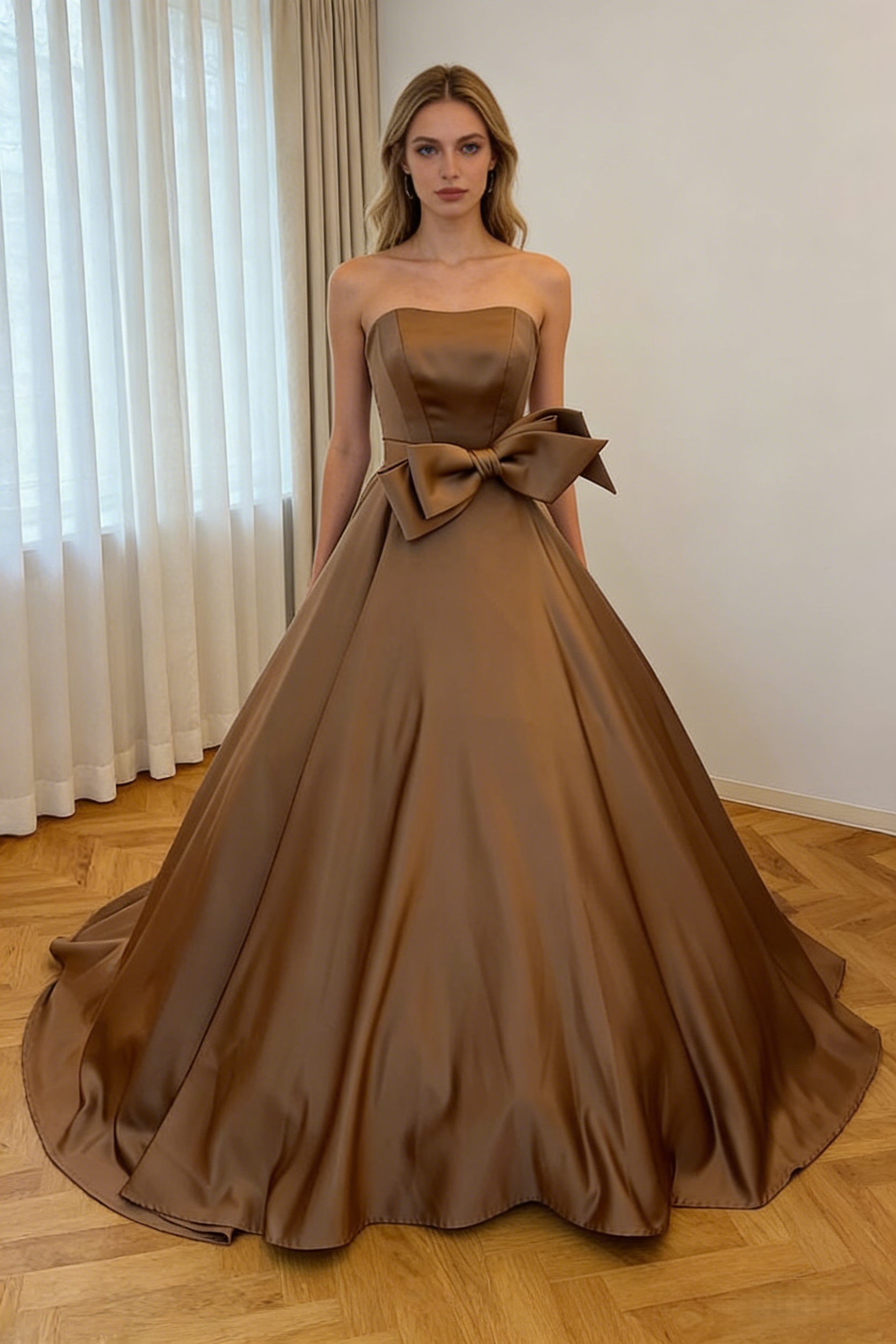 フランス風 カラードレス カーキ色 ベアトップ フレアスカート 豪華なリボン 編み上げ 披露宴