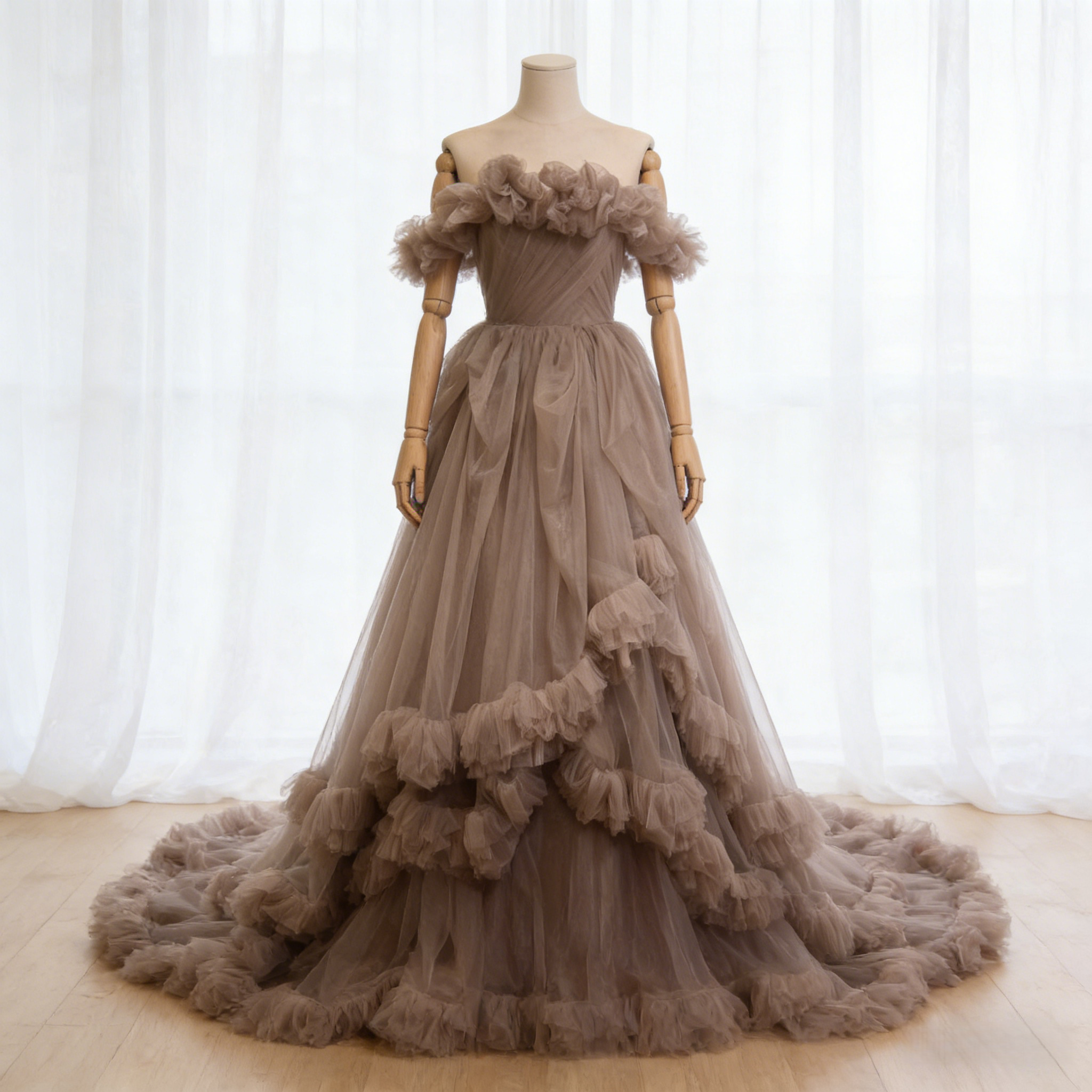 カラードレス カーキ色 オフショルダー ラッフルフリル 華やかなトレーン エレガント 演奏会
