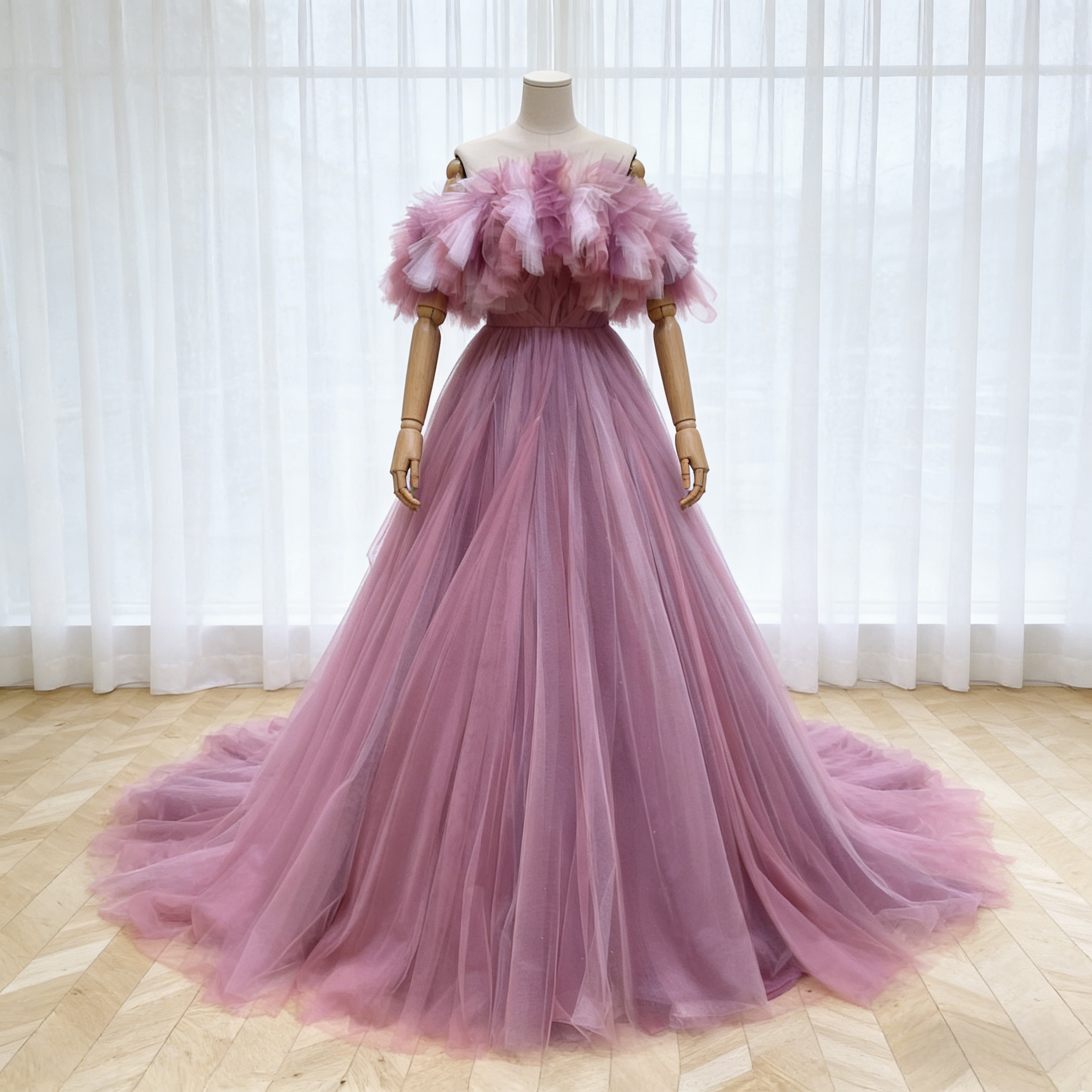 カラードレス ローズピンク オフショルダー グラデーション チュールスカート 編み上げ 花嫁