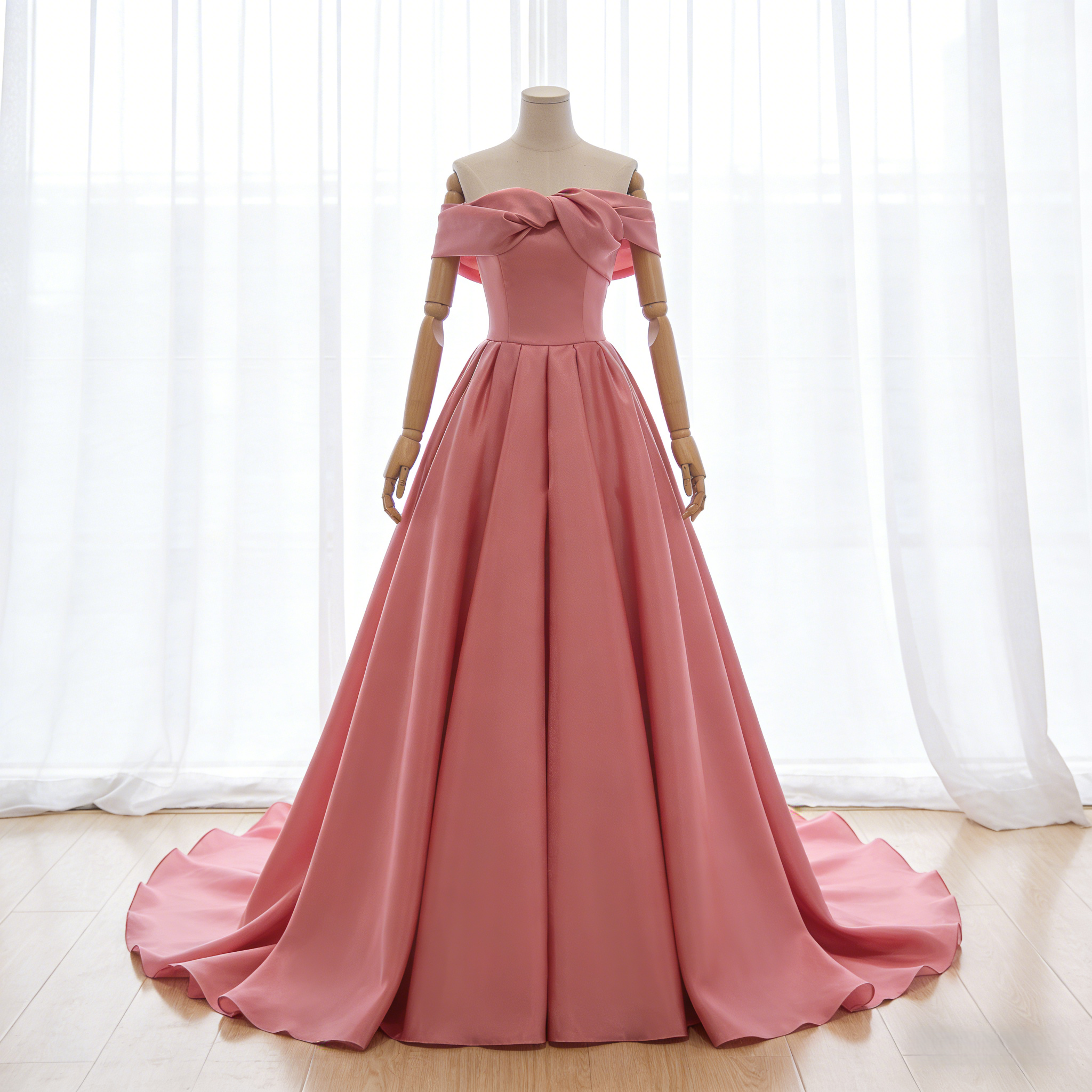 高品質！カラードレス ローズピンク オフショルダー Aライン エレガント ファスナー 披露宴
