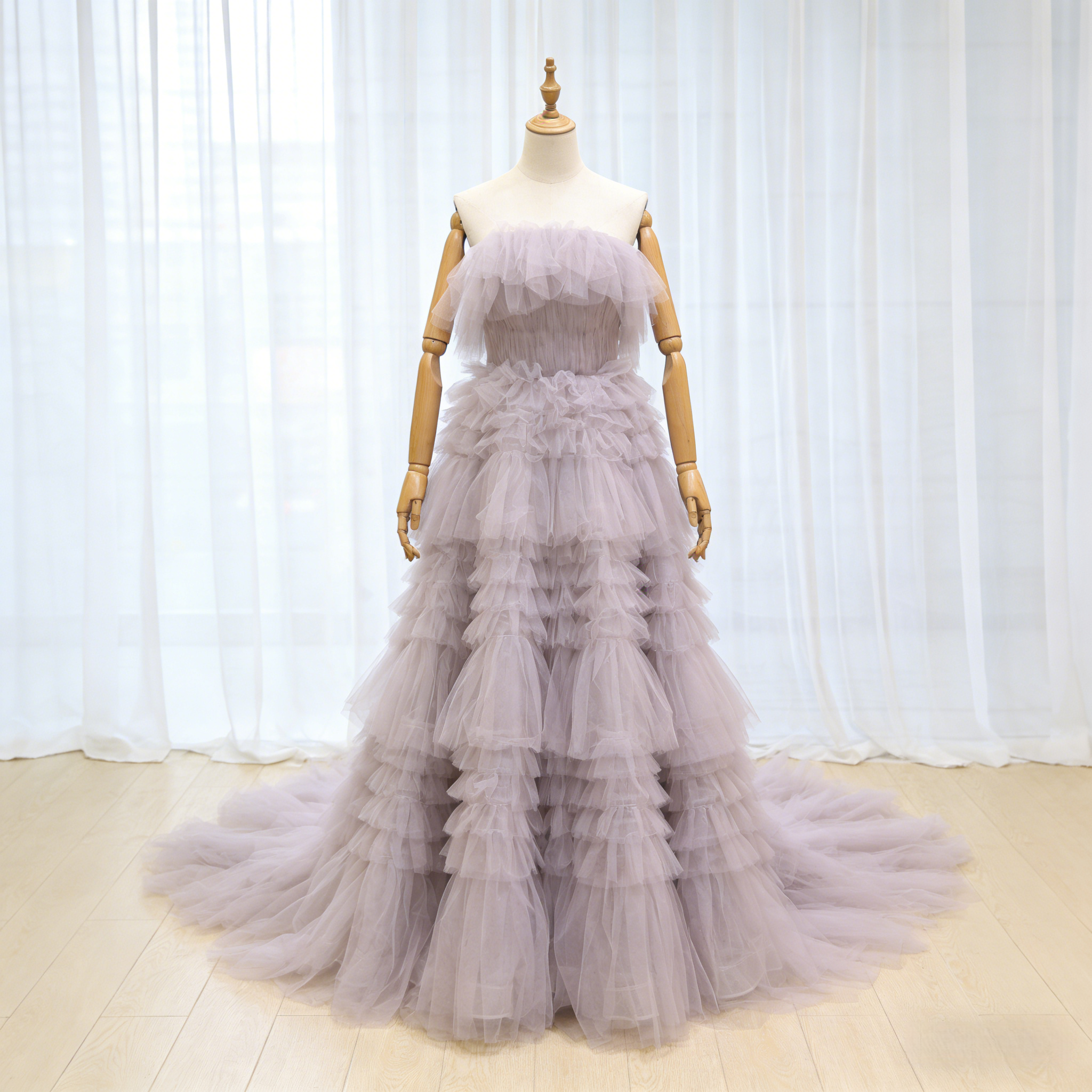 カラードレス オーキッド ベアトップ 柔らかく重ねたチュールスカート ファスナー 憧れのドレス 花嫁