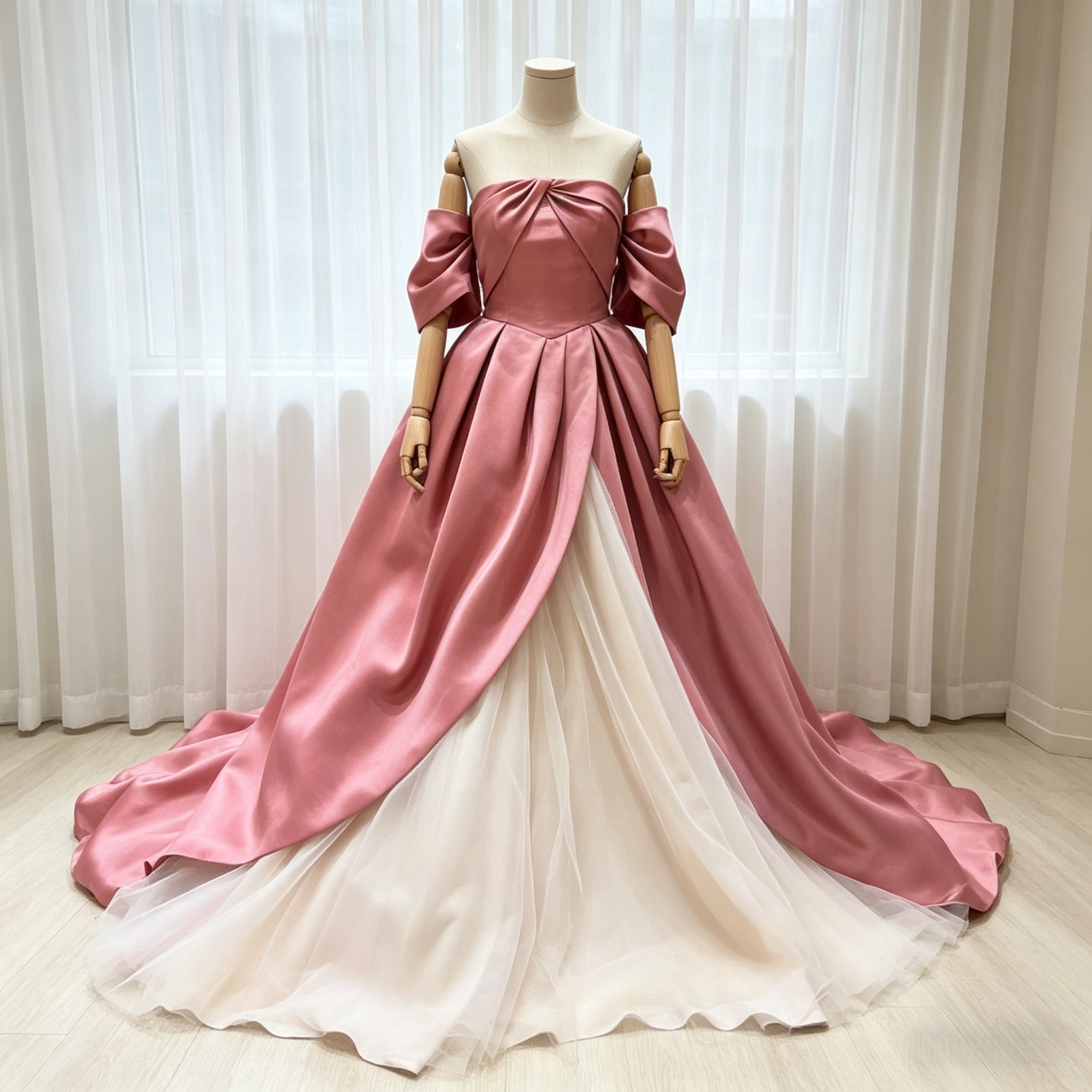 カラードレス オフホワイト 薄桃色 光沢サテン パフスリーブ ソフトチュール 豪華なバックリボン 花嫁