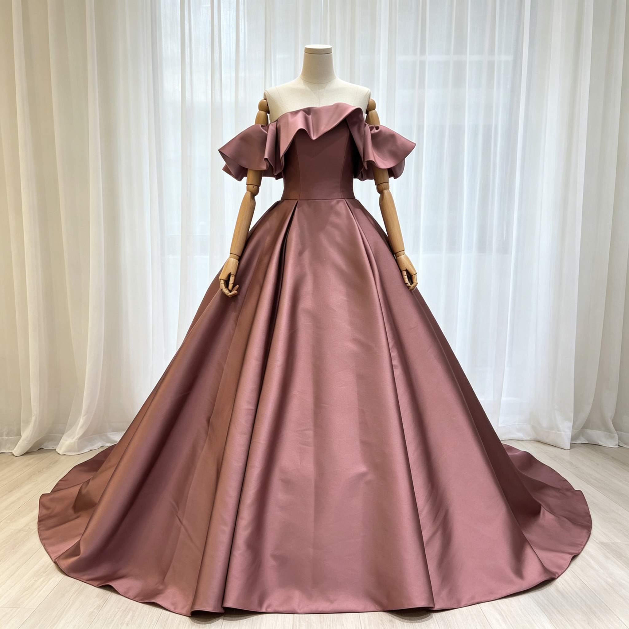 カラードレス ローズピンク オフショルダー ハンドドレープ プリンセスライン ロイヤルサテン 前撮り