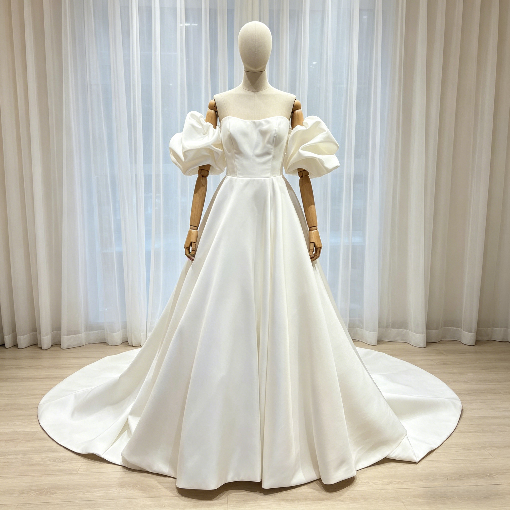エレガント ウェディングドレス ベアトップ パフスリーブ ロイヤルサテン 短トレーン 結婚式 ファスナー