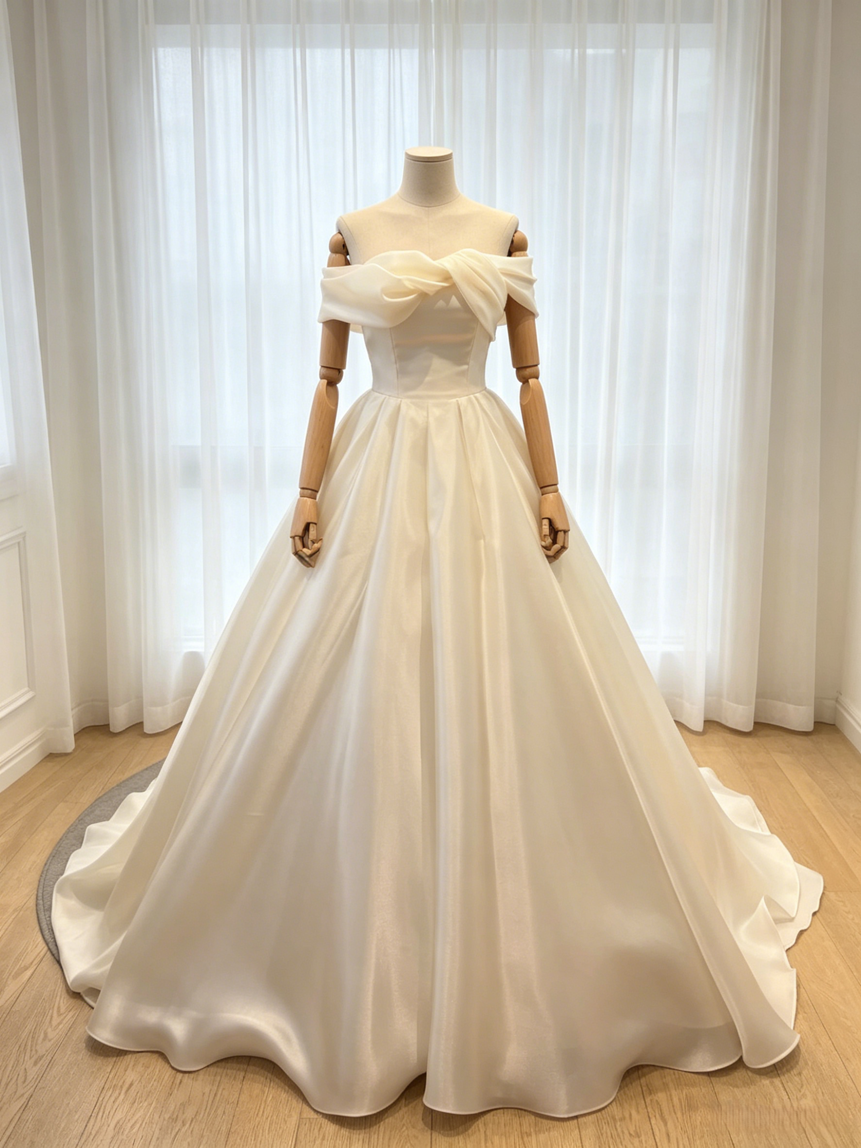 ウエディングドレス オフショルダー ソフトオーガンジー ハンドドレープ ロングトレーン 結婚式