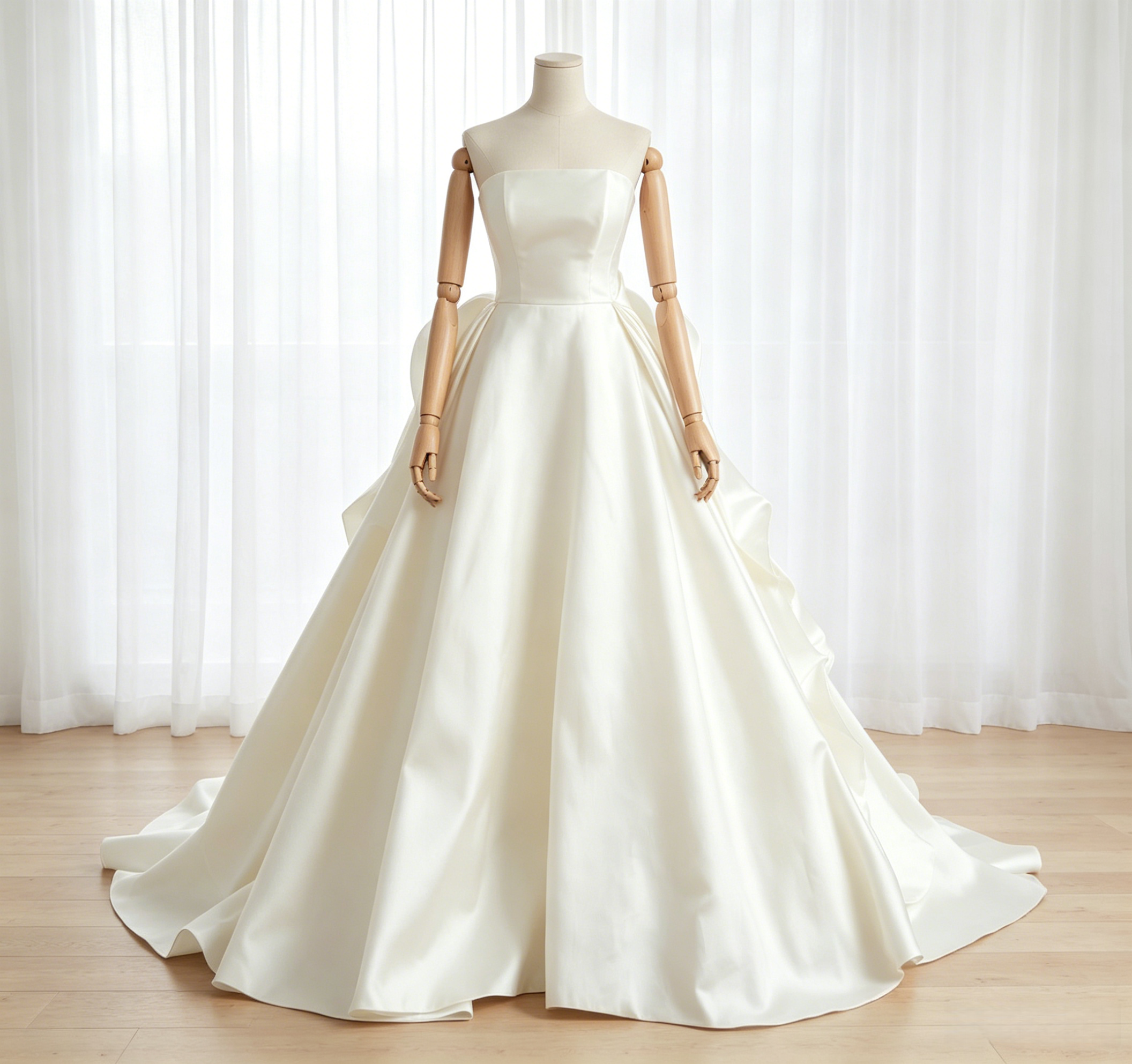 高品質！ウェディングドレス ベアトップ フレアスカート ラッフルフリル 豪華なバックリボン 結婚式