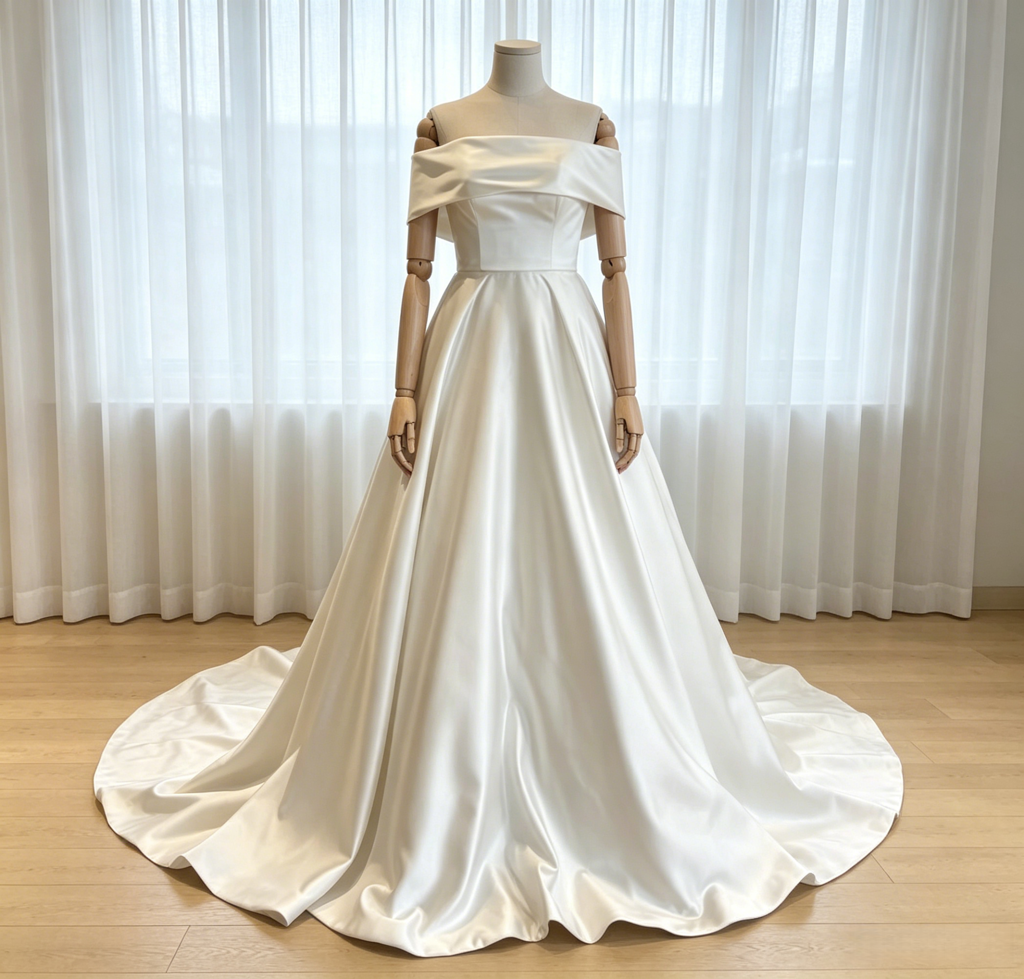 フランス風 ウェディングドレス オフショルダー バックリボン ロイヤルサテン ロングトレーン 結婚式