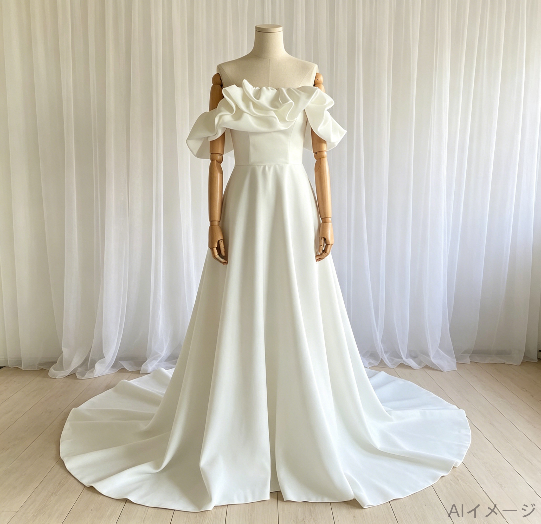 フランス風 ウェディングドレス オフショルダー ハンドドレープ ロイヤルサテン 短トレーン 結婚式