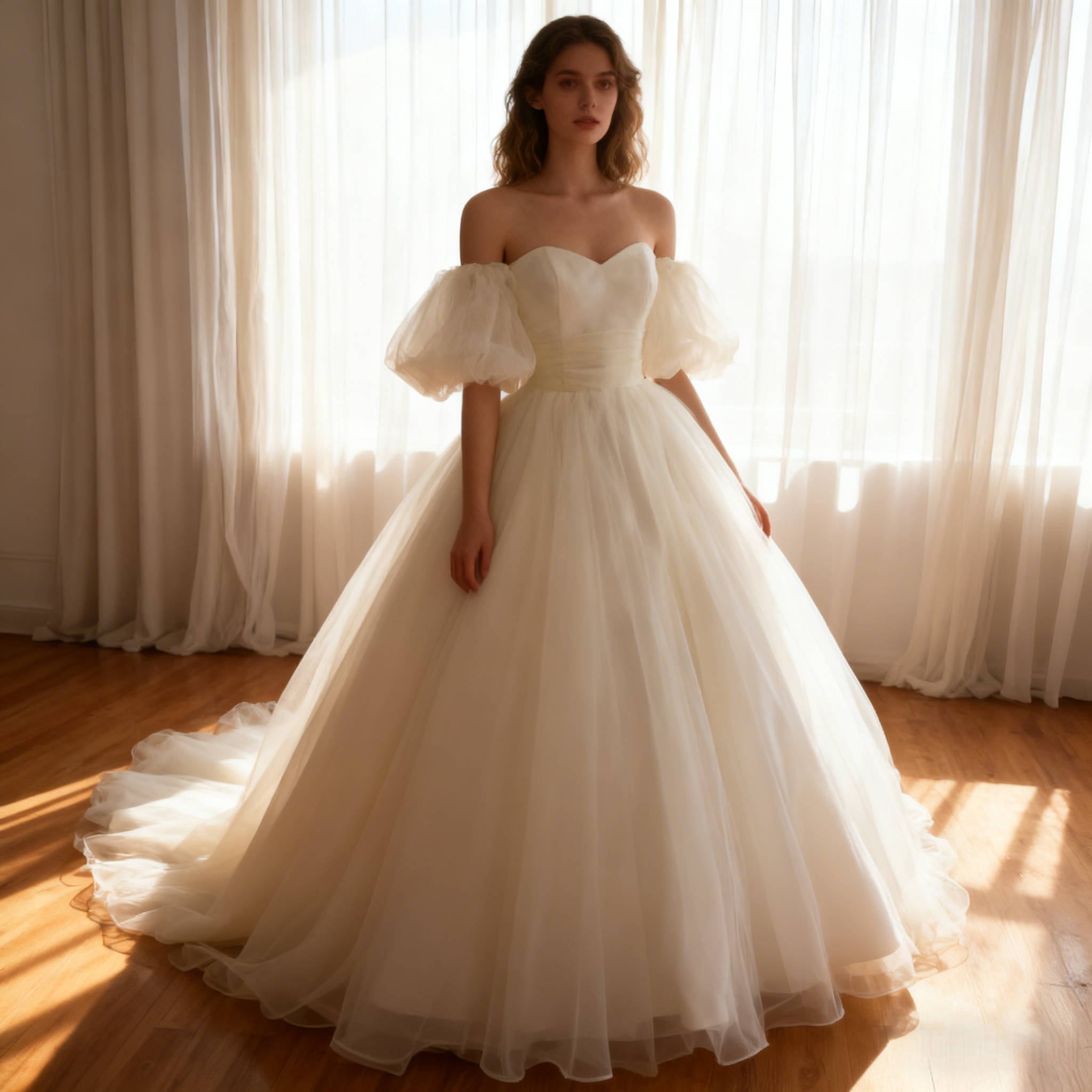 華やか ウエディングドレス 楊柳オーガンジー ベアトップ ふっくら柔らかなバックリボン 結婚式/披露宴