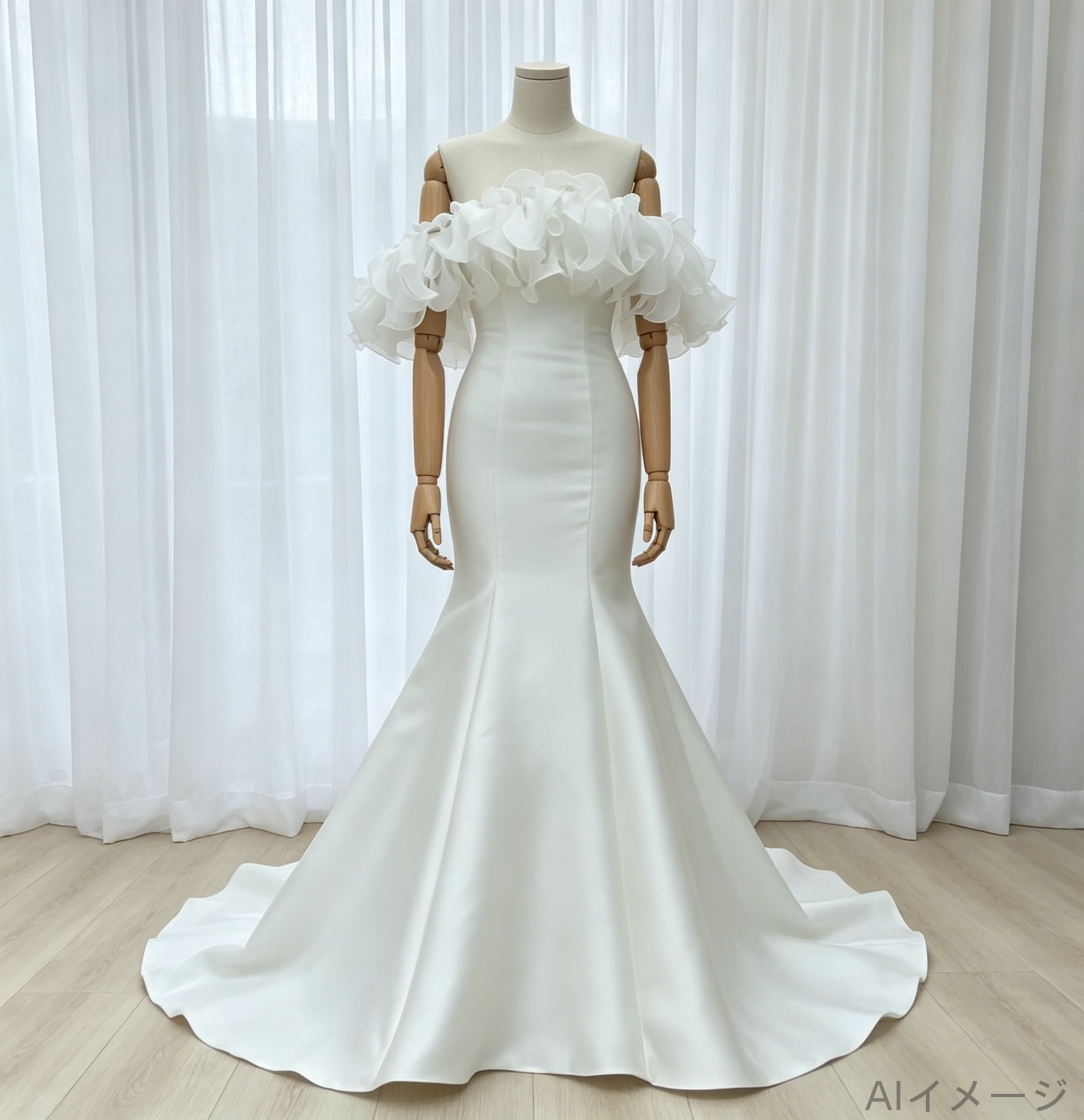 ウエディングドレス オフショルダー ラッフルフリル デザイン感 マーメイドライン エレガント 結婚式