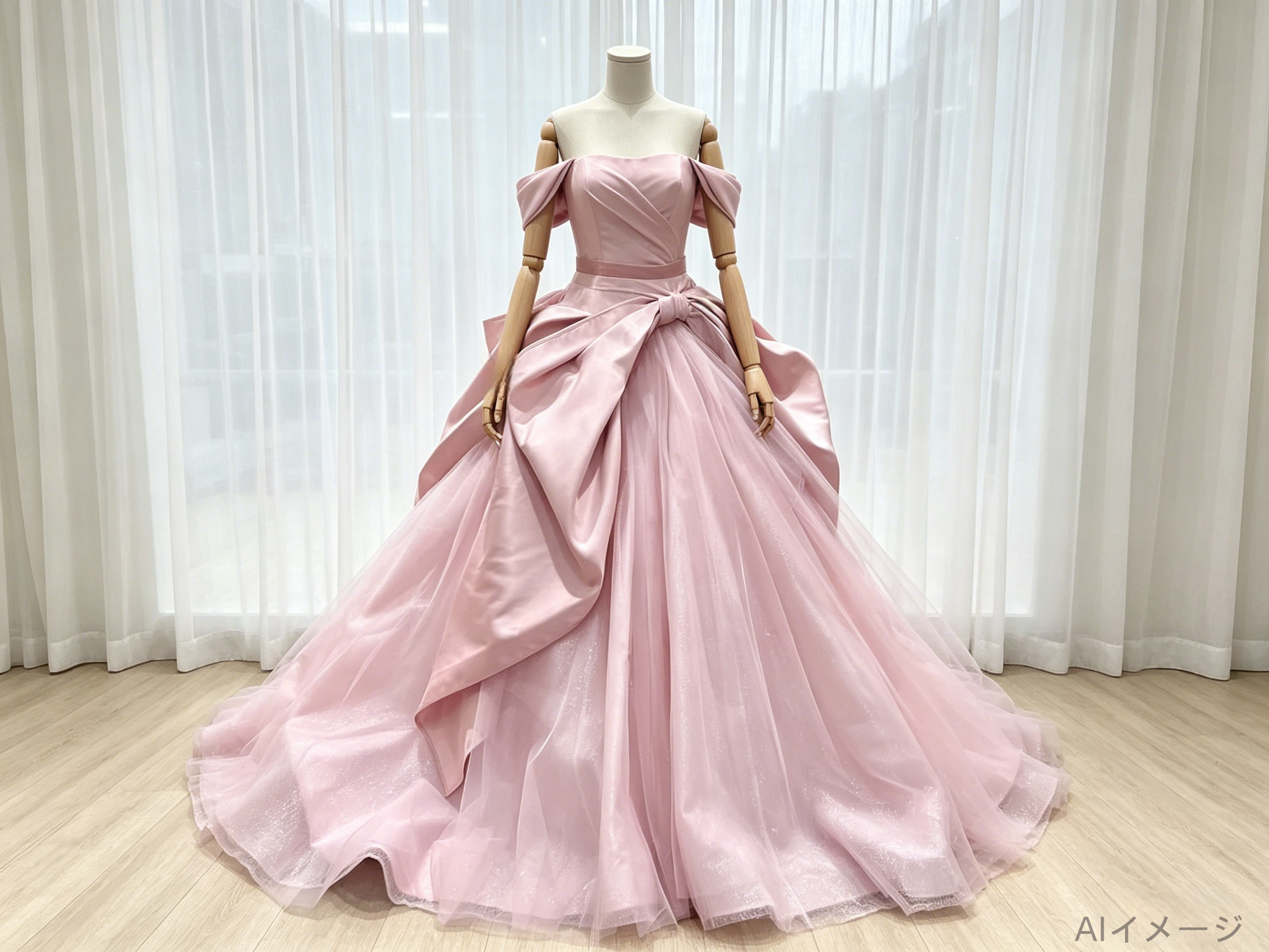 カラードレス 薄桃色 オフショルダー ラッフルフリル フレアスカート 豪華なバックリボン 花嫁