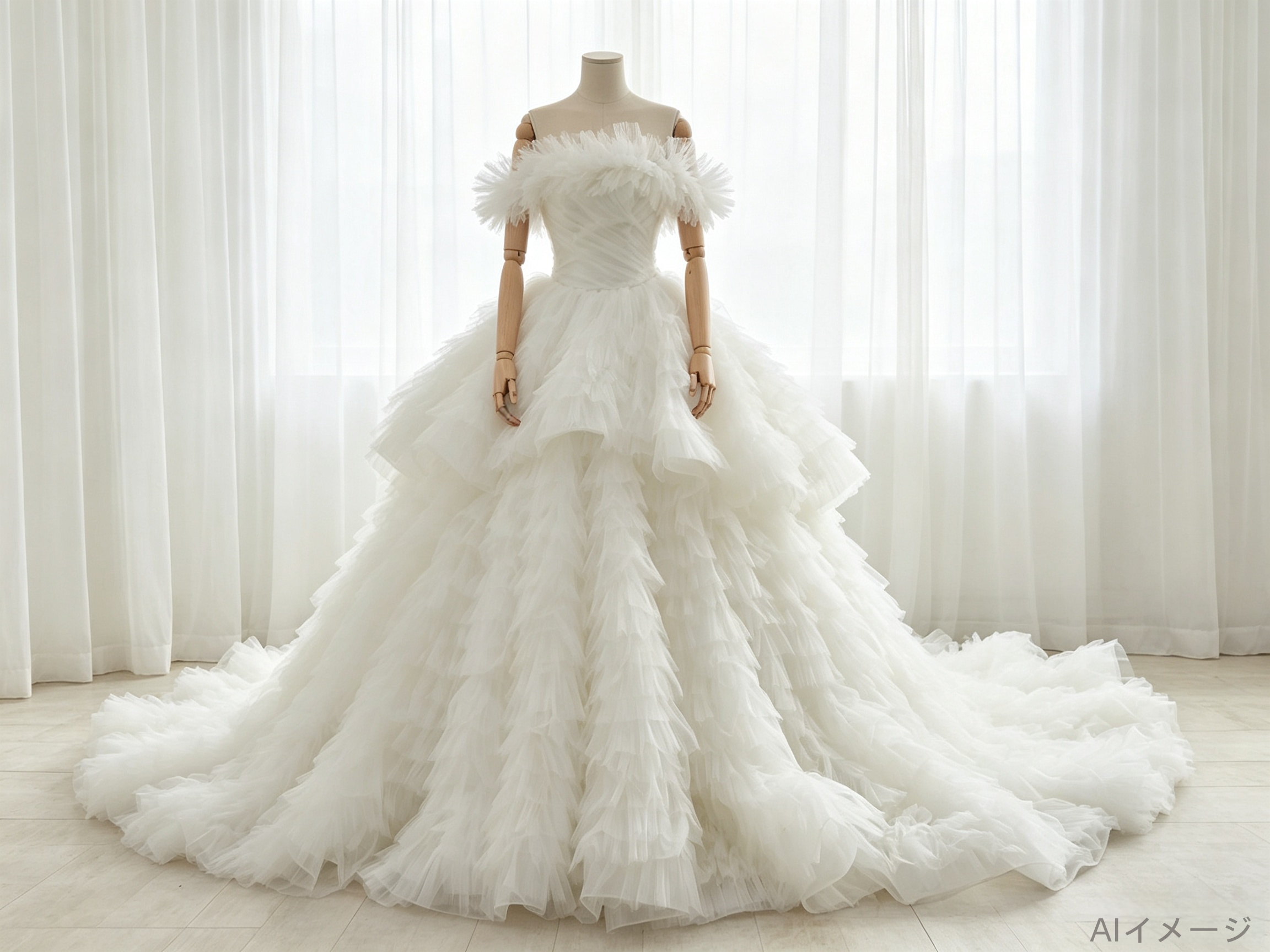 フランス風 ウエディングドレス オフショルダー 柔らかく重ねたチュールスカート 優雅なシルエット 結婚式