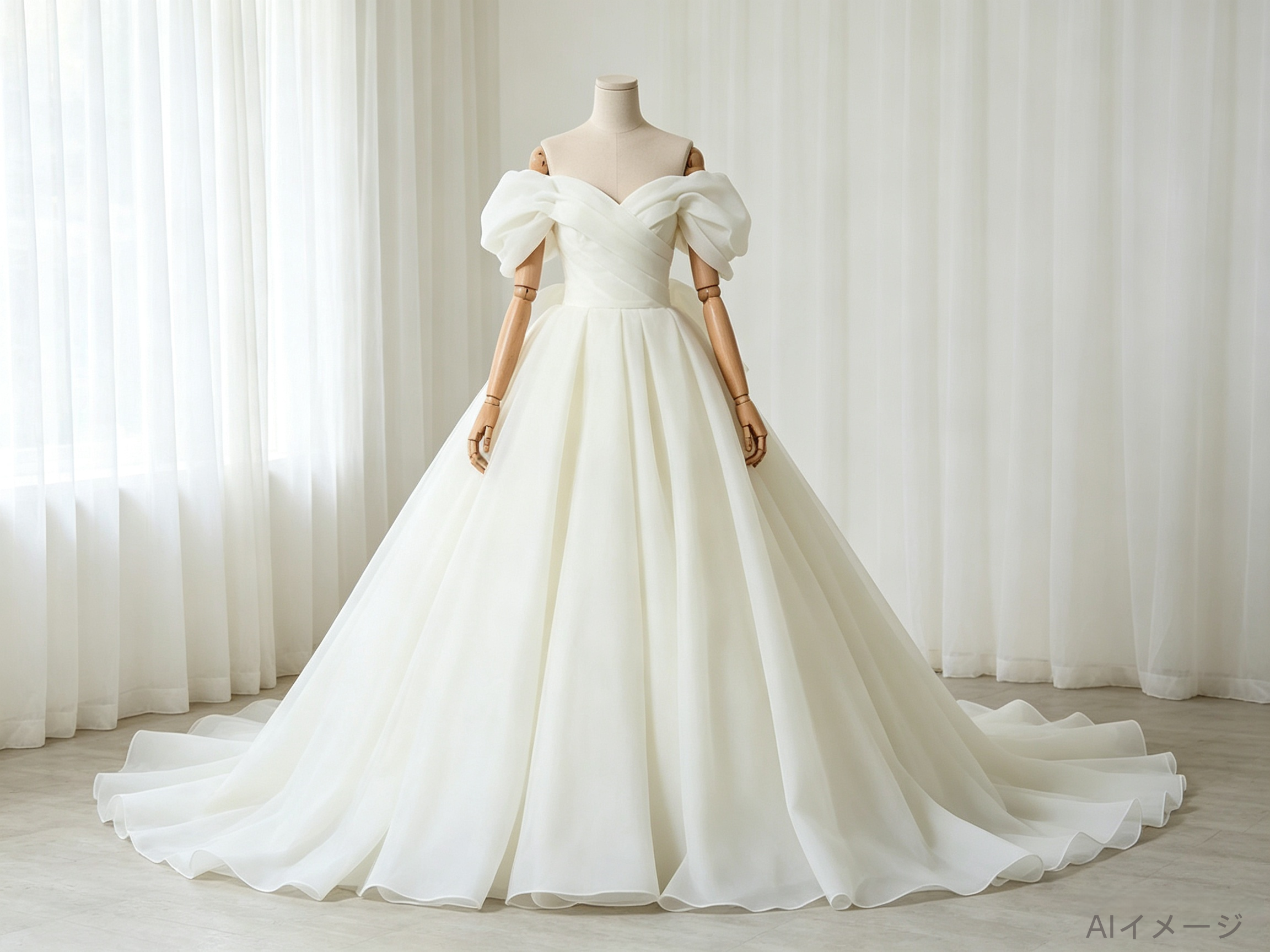 エレガント ウエディングドレス オフショルダー ハンドドレープ プリンセスライン リボン 結婚式