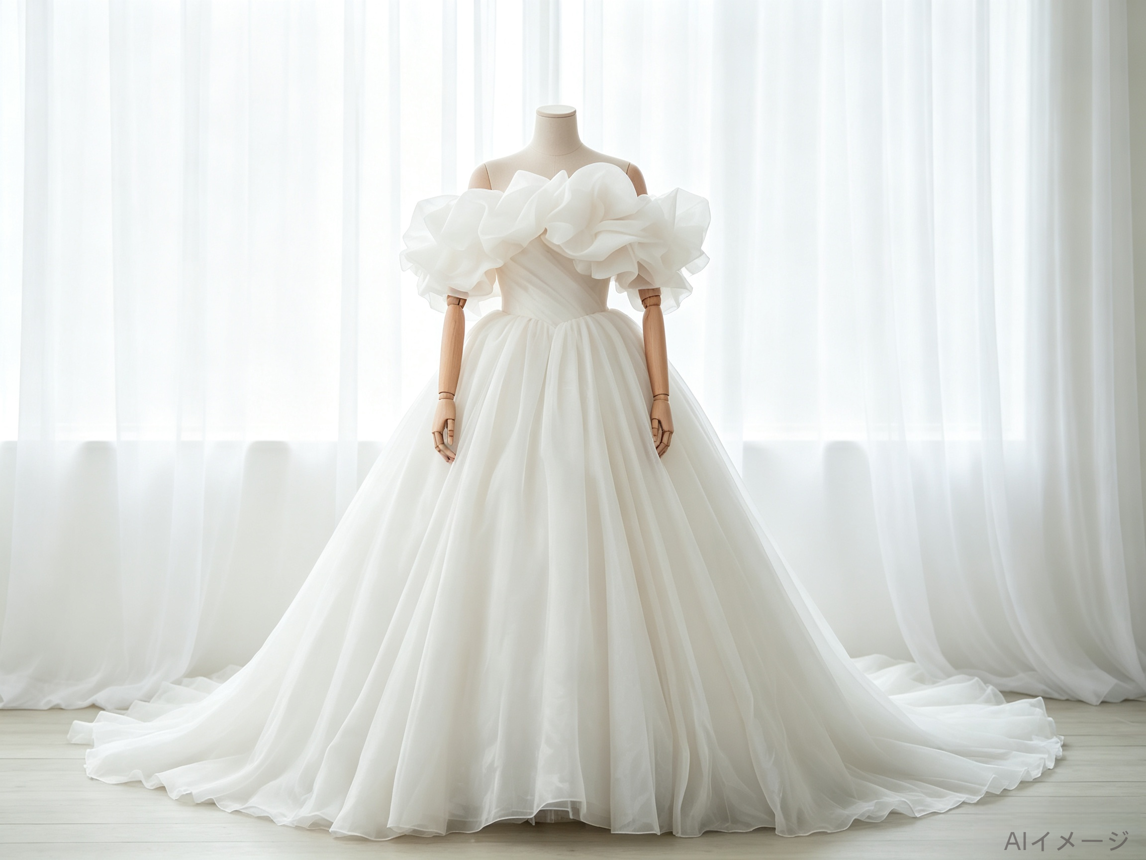 ウエディングドレス オフショルダー ラッフルフリル フレアスカート ソフトオーガンジー 結婚式