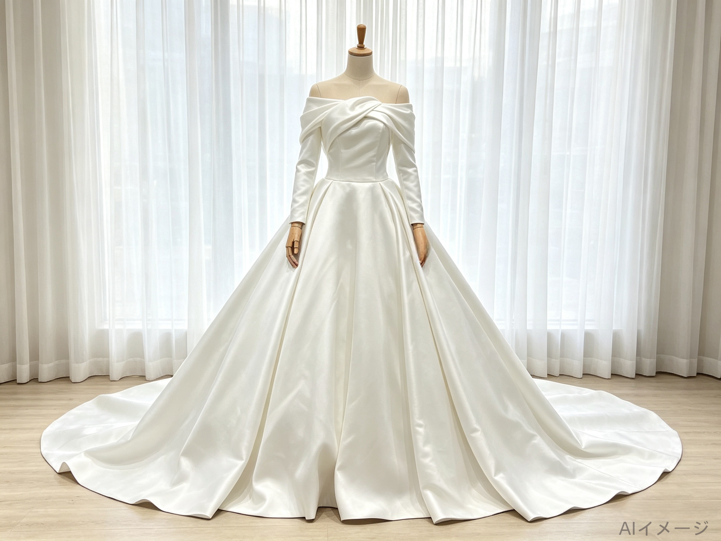 ウエディングドレス オフショルダー ハンドドレープ ロイヤルサテン プリンセスライン 結婚式