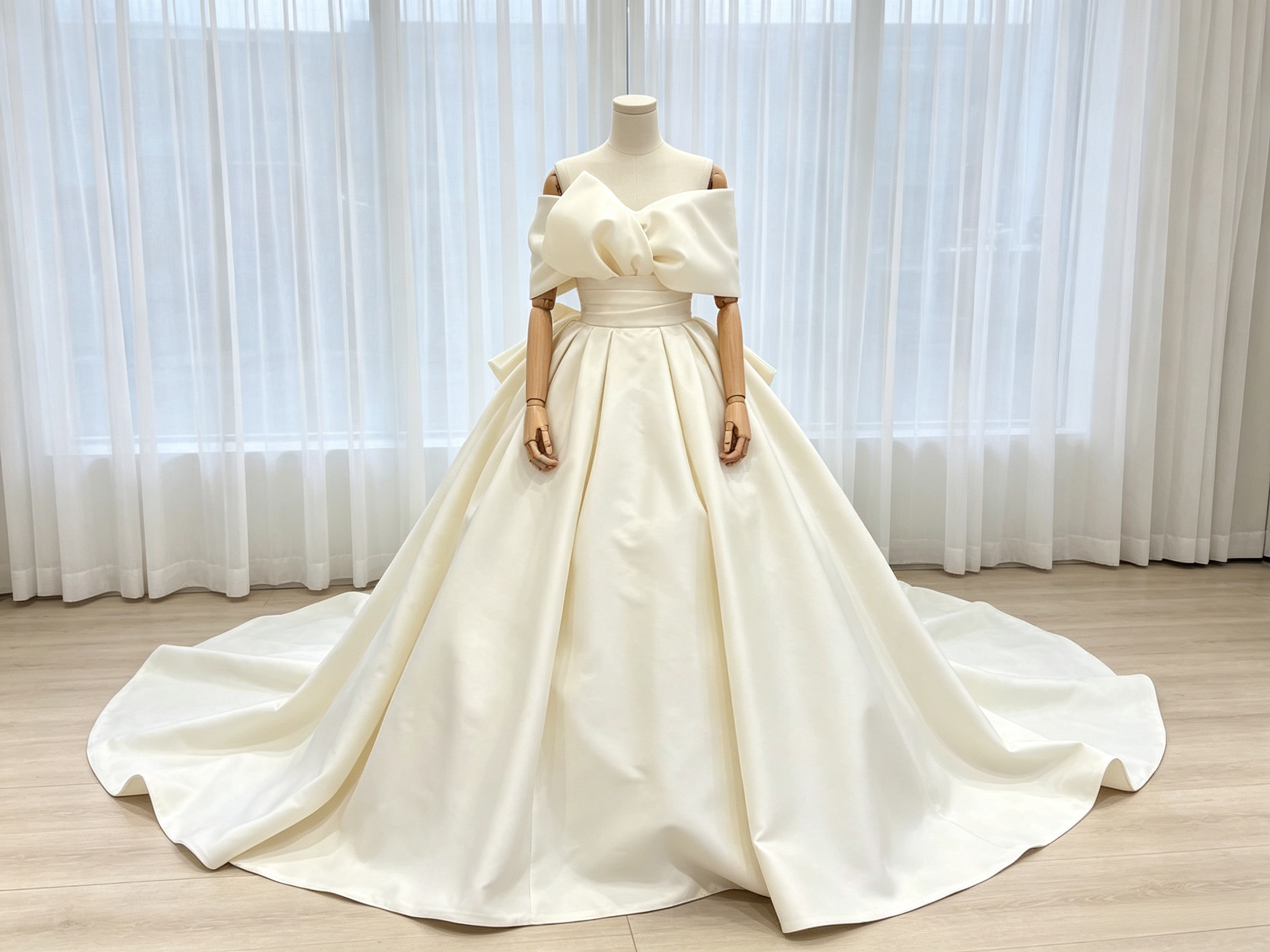 ウエディングドレス オフショルダー ハンドドレープ ロイヤルサテン 豪華なバックリボン ロングトレーン 拳式